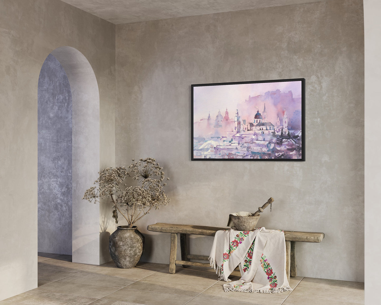 Watercolor landscape Salzburg Austria skyline, trendy wall art  Austrian architecture art for house (original)