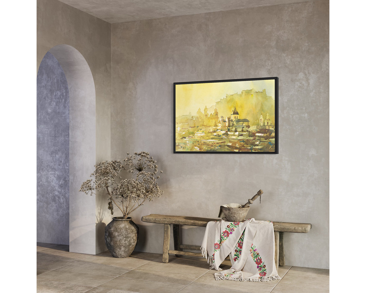 Watercolor painting Salzburg Austria skyline, trendy wall art  Austrian architecture art for house (print)