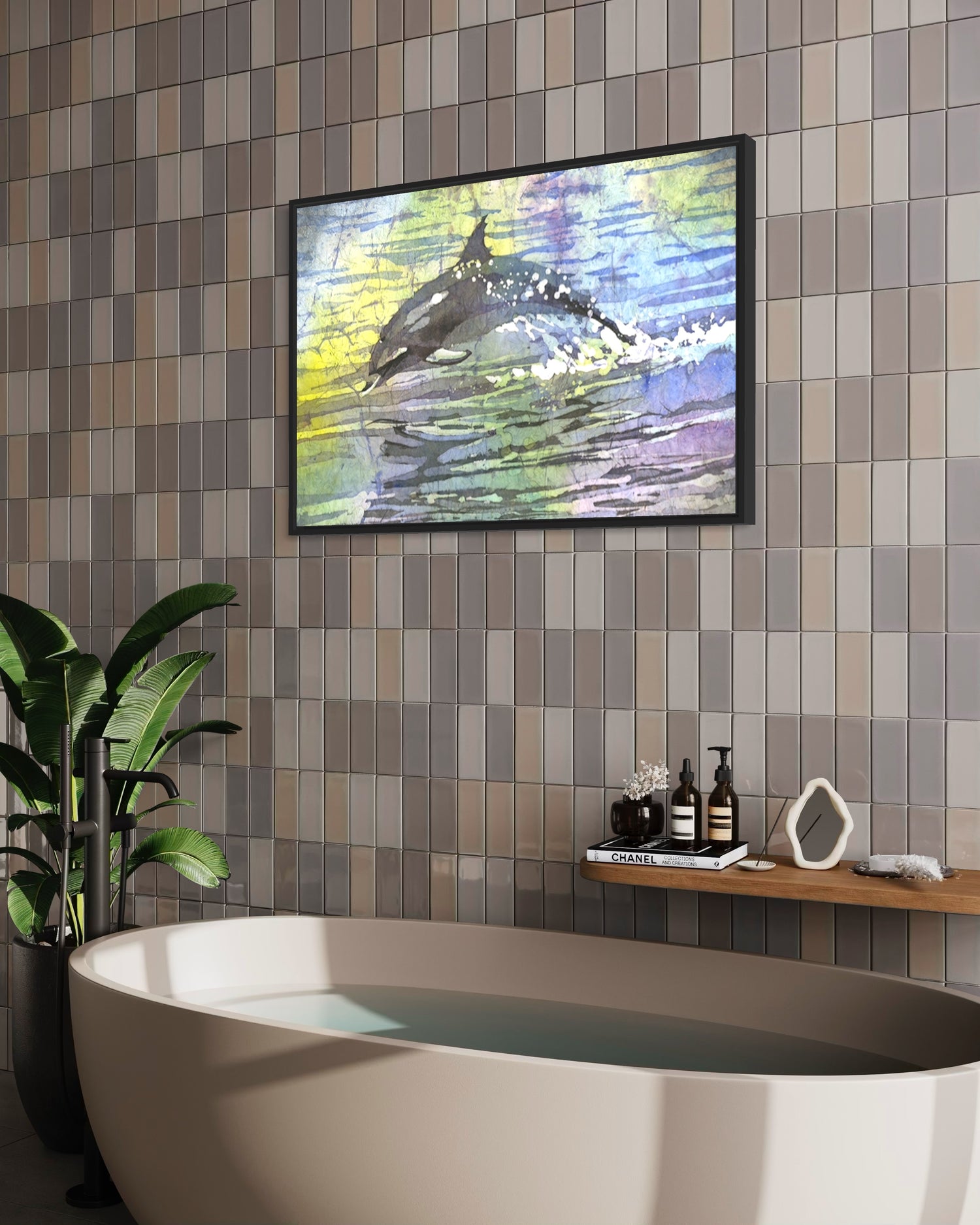 Serene dolphin in a sea of vivid blue and aqua tones, hand-painted in batik watercolor style—ideal artwork for kids’ ocean-themed bedroom or beachy bathroom accent