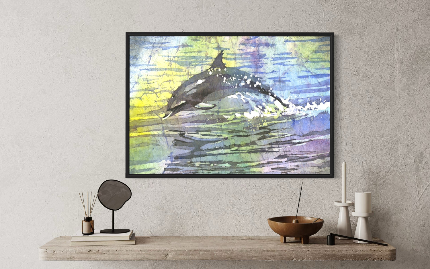 Colorful dolphin watercolor painting in batik style, showing fluid motion and sunlit ripples, ideal for ocean lovers and unique coastal home wall decor.