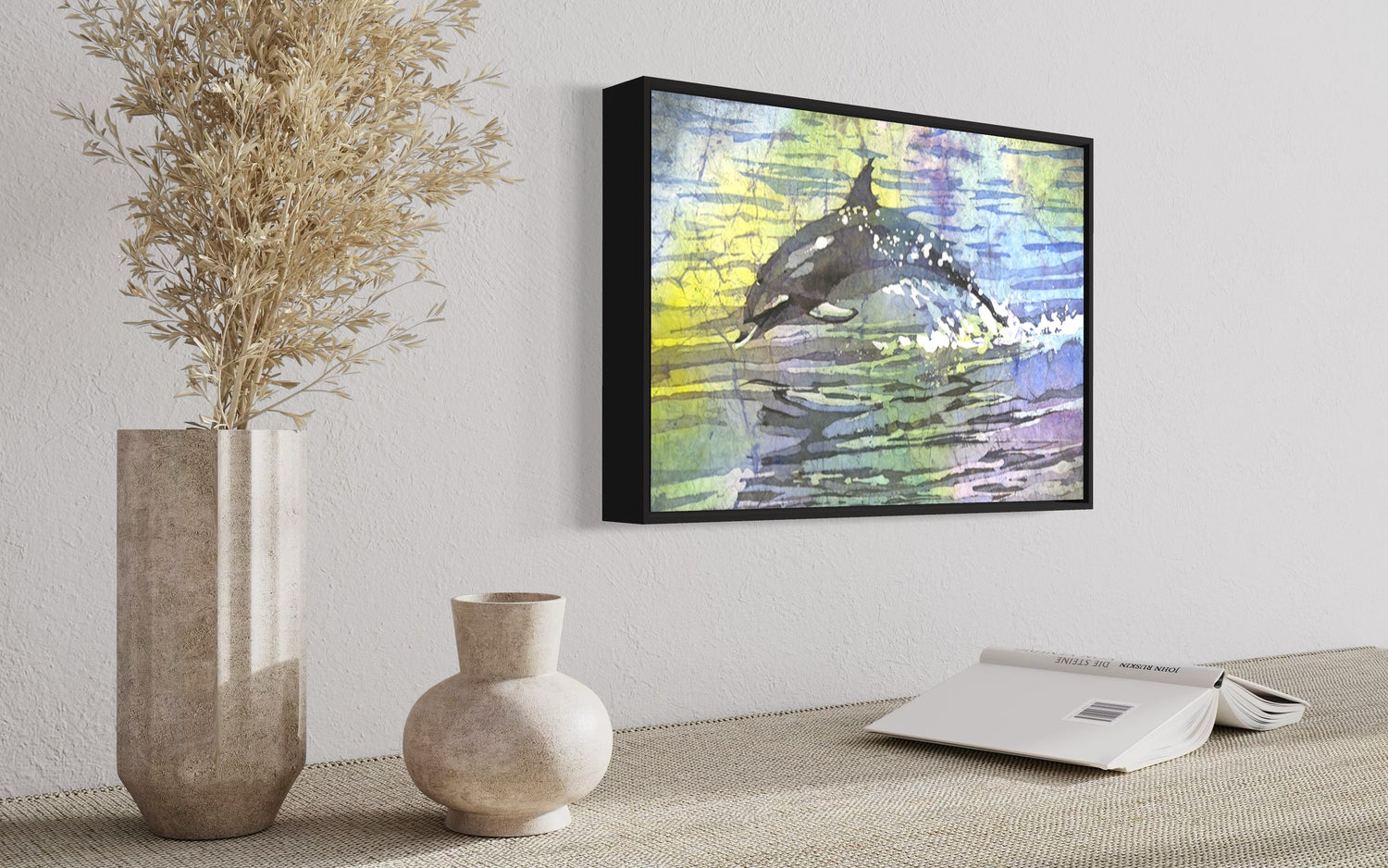 Playful dolphin gliding through waves in a cheerful watercolor batik, great gift for him or her and a thoughtful handmade item to brighten nautical spaces.