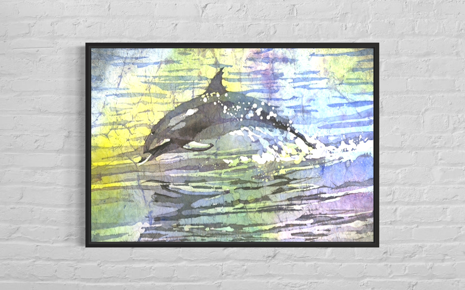 Artistic dolphin captured mid-swim in bold batik watercolor patterns, surrounded by swirls of turquoise and coral—adds life and movement to any room.
