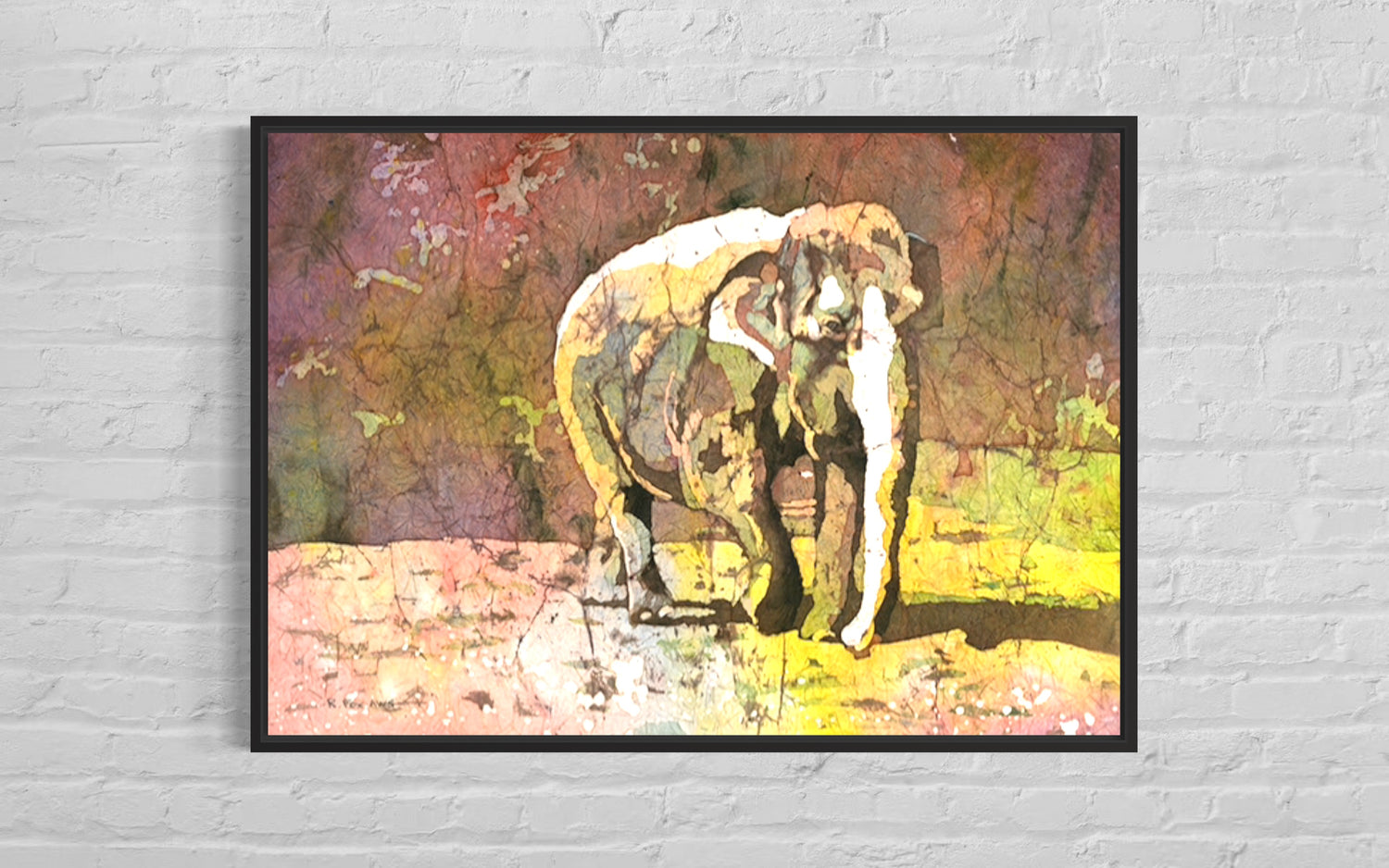 Striking handmade watercolor painting of an elephant in batik technique—soft lines, bold color, and perfect as African-themed decor for children’s rooms or offices