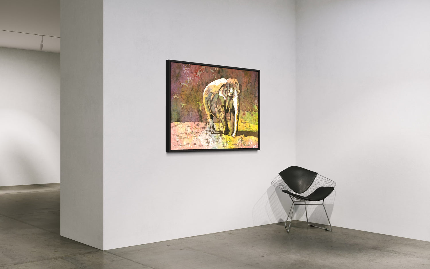 Elegant watercolor batik of a lone elephant under a golden African sky, capturing travel memories and making a thoughtful gift or statement wall piece for safari lovers