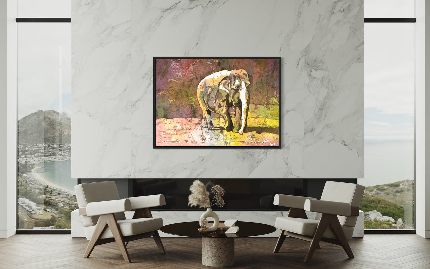 Colorful elephant batik watercolor scene set in an open savanna with warm sunset hues—ideal gift for her or a unique travel-inspired accent for home or office.