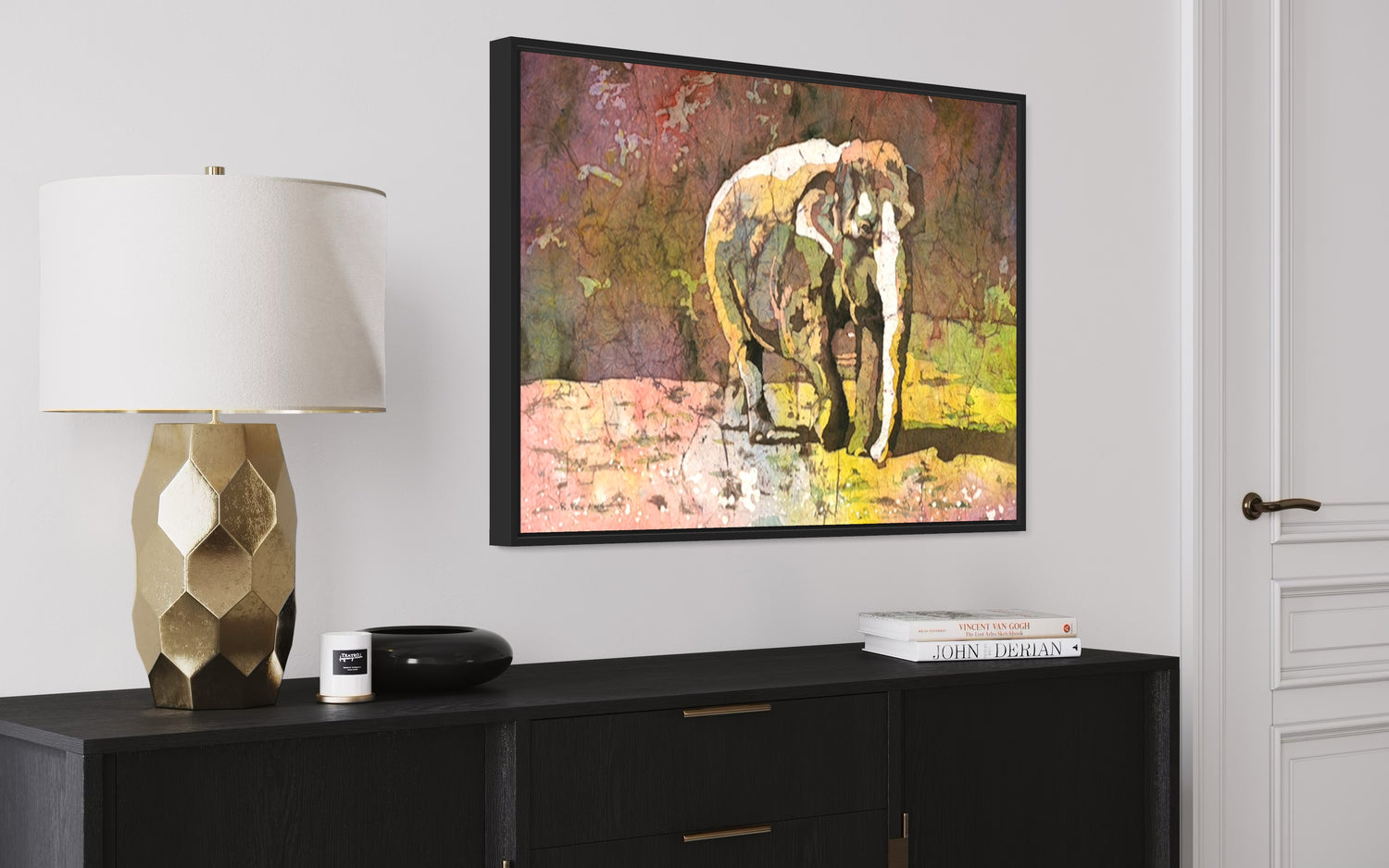 Whimsical elephant in vibrant batik watercolor style, surrounded by African trees and textured brushstrokes, making it a charming handmade item for kids or wildlife lovers.