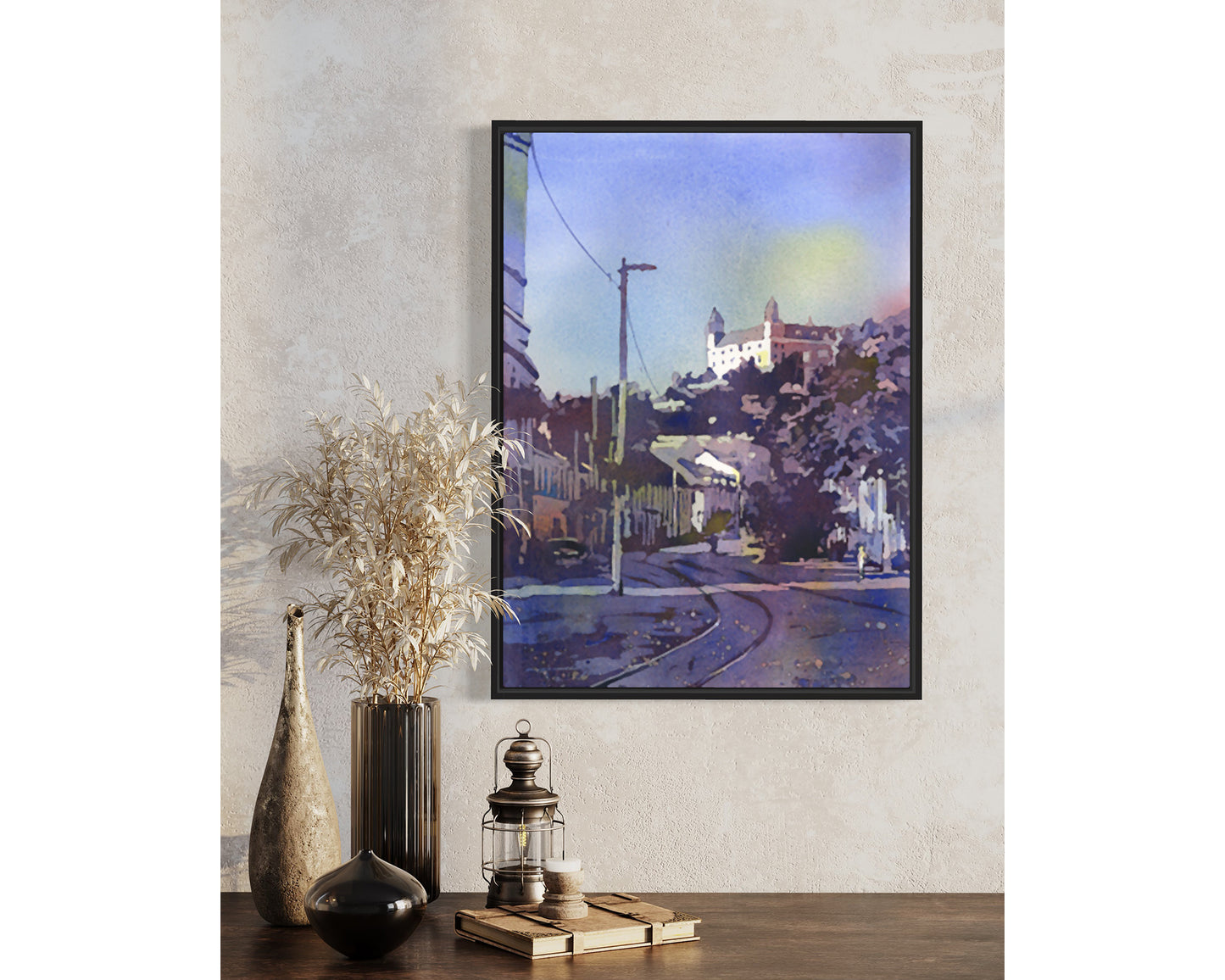 Bratislava Eslovaquia paisaje urbano acuarela pintura de puesta de sol, arte de pared de moda artículos esenciales de viaje arte para la casa (original)