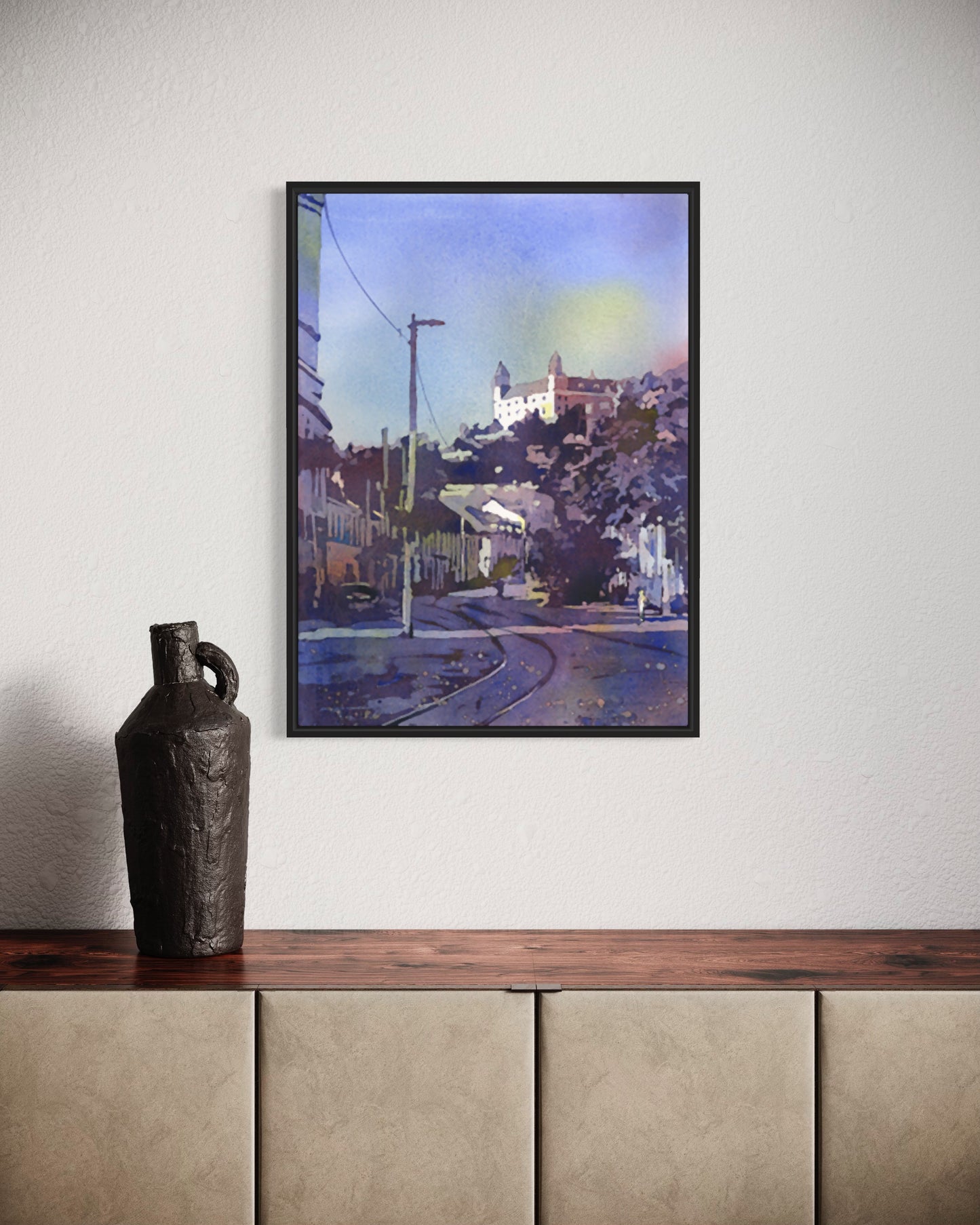 Bratislava Eslovaquia paisaje urbano acuarela pintura de puesta de sol, arte de pared de moda artículos esenciales de viaje arte para la casa (original)