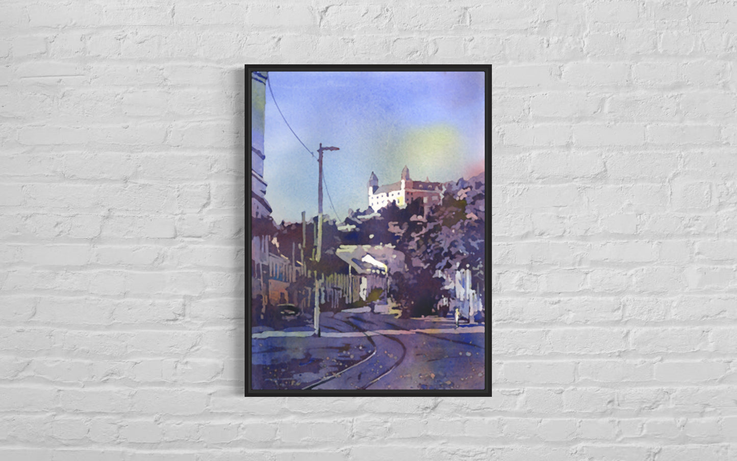 Bratislava Eslovaquia paisaje urbano acuarela pintura de puesta de sol, arte de pared de moda artículos esenciales de viaje arte para la casa (original)