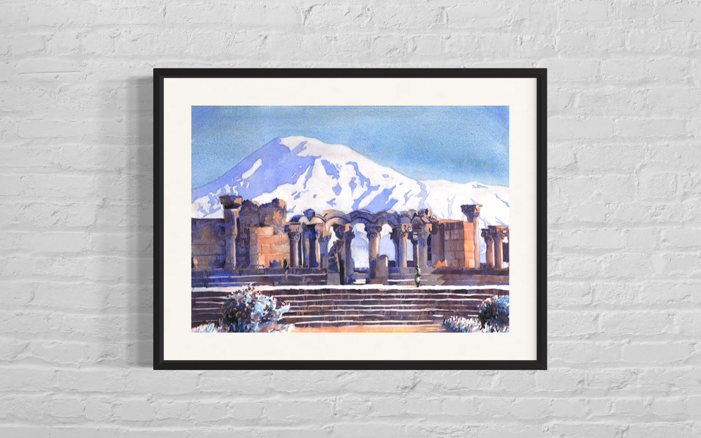 Vibrant watercolor of medieval Armenian Cathedral ruins at Zvartnots with snowy Mount Ararat rising in the distance—perfect for home or office decor.