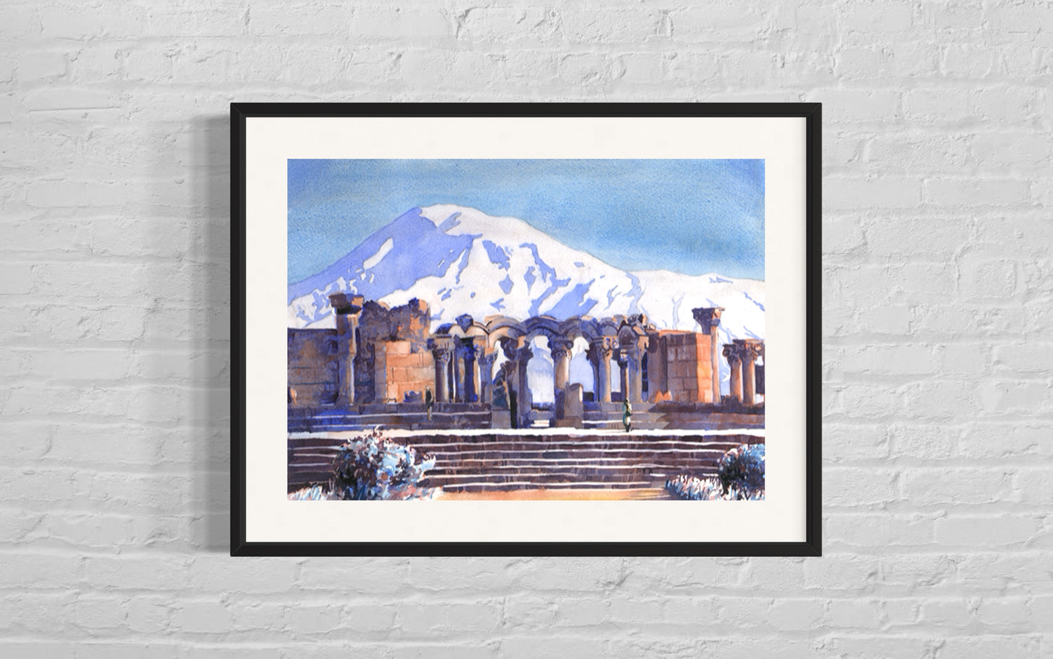 Vibrant watercolor of medieval Armenian Cathedral ruins at Zvartnots with snowy Mount Ararat rising in the distance—perfect for home or office decor.