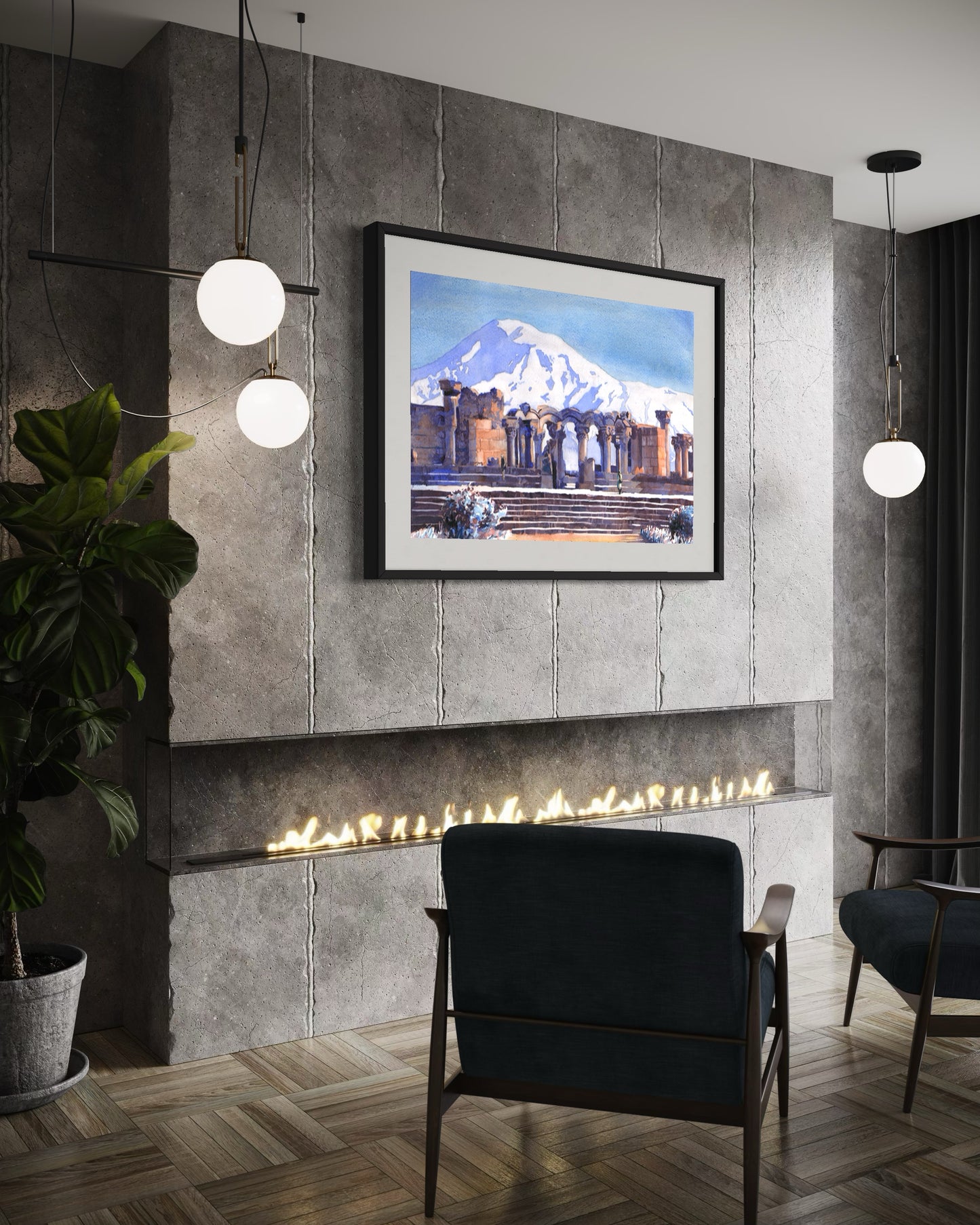 Fine art watercolor painting showing the stone arches of Zvartnots Cathedral and the towering silhouette of Mount Ararat—great gift for him or her.