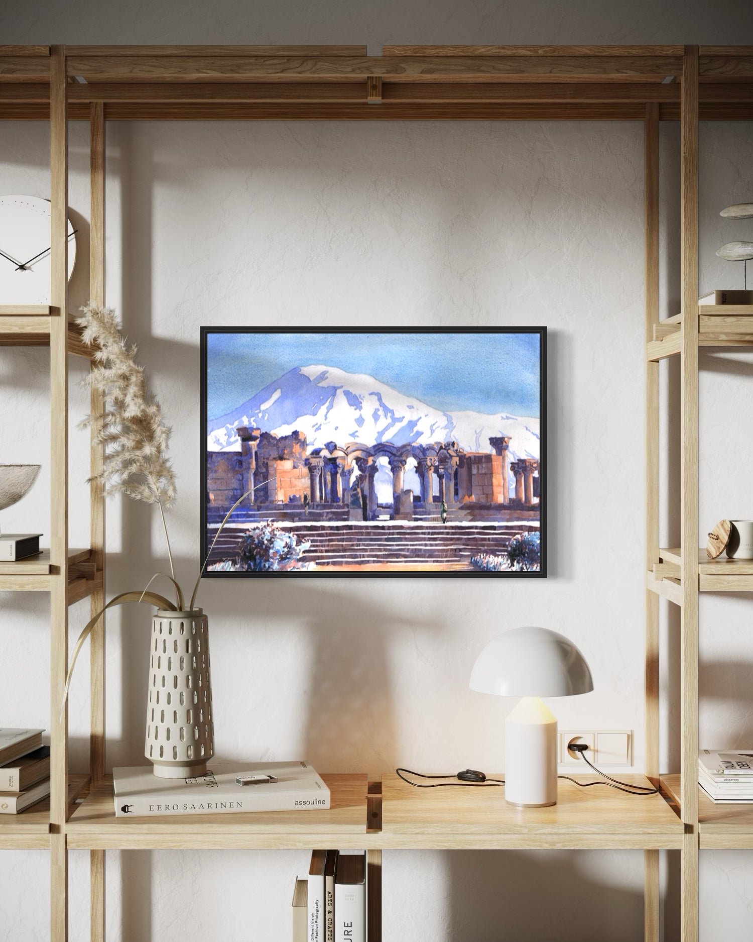 Expressive watercolor art of Zvartnots Cathedral ruins bathed in light, with Mount Ararat in the distance—perfect for interior design with a global touch.