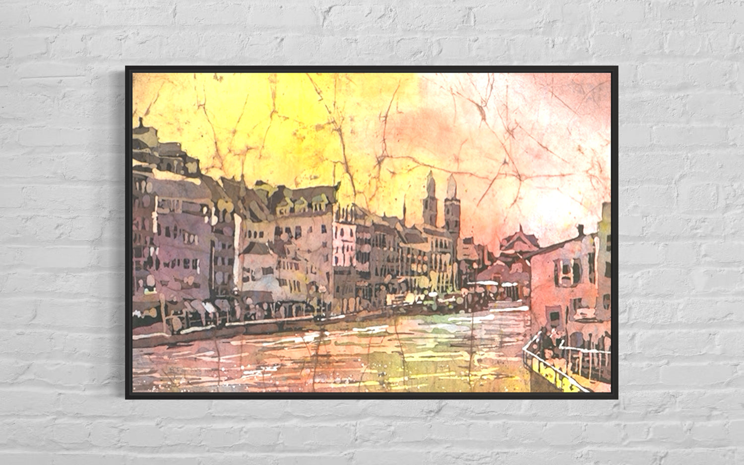 Trendy handmade watercolor painting of Zurich’s skyline with Swiss church spire glowing under a vibrant sky—perfect art for house, studio, or creative workspace.