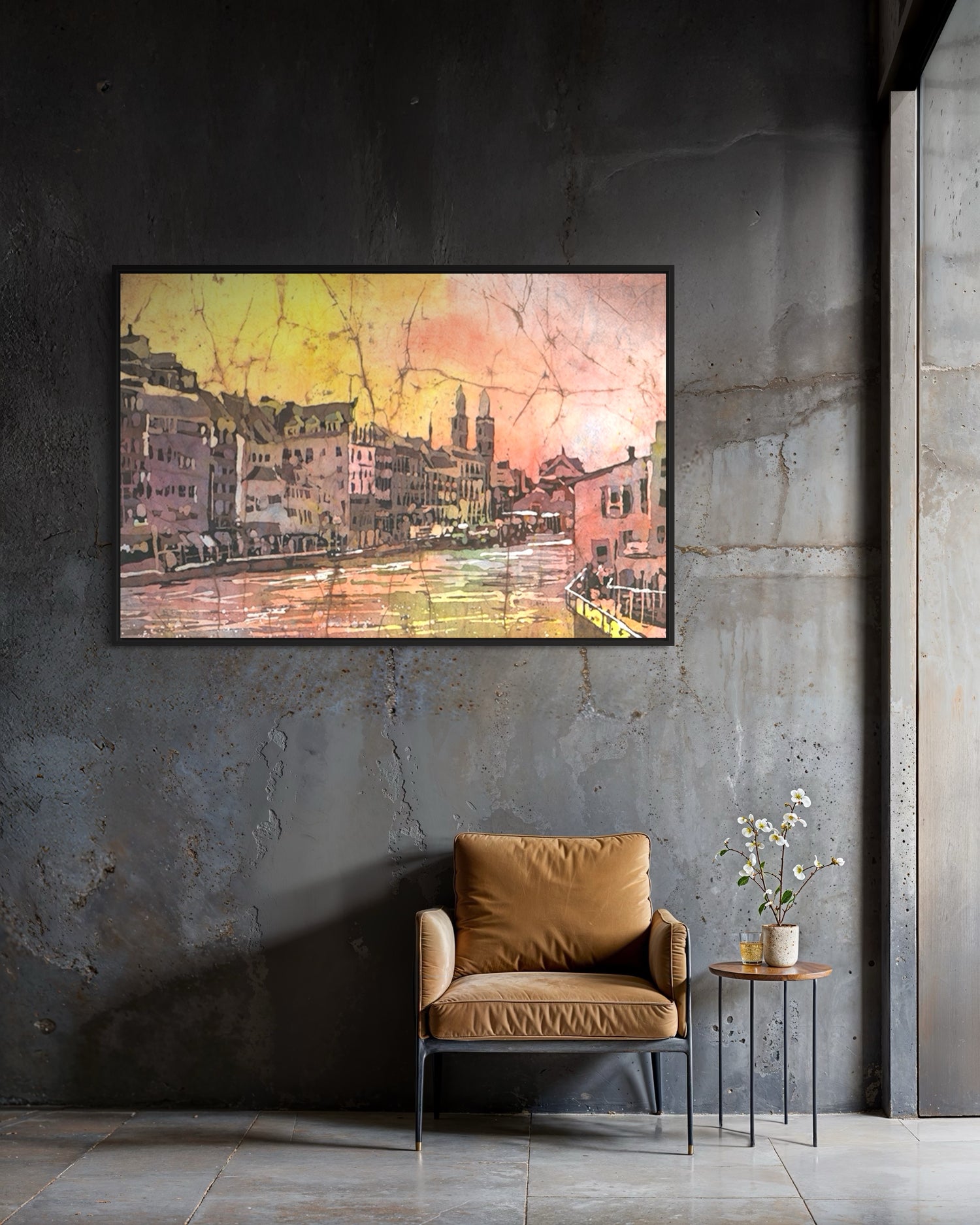 Handcrafted Zurich Switzerland watercolor artwork capturing scenic European architecture at dusk—a must-have for fans of travel essentials and colorful home decor.