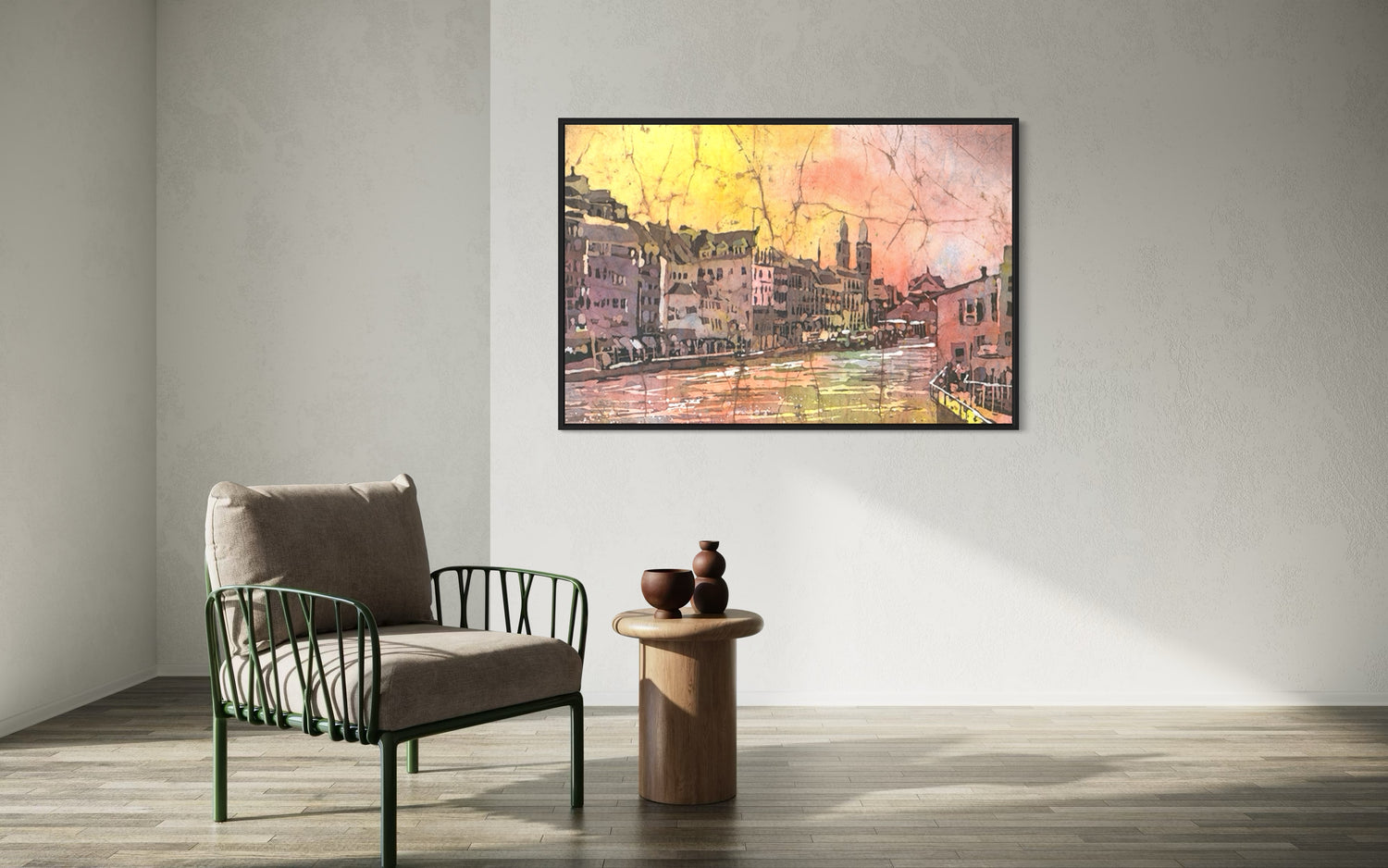 Original watercolor sunset scene of Zurich cityscape with classic Swiss church silhouette, ideal wall decor for modern home interiors or as a thoughtful gift for him or her.
