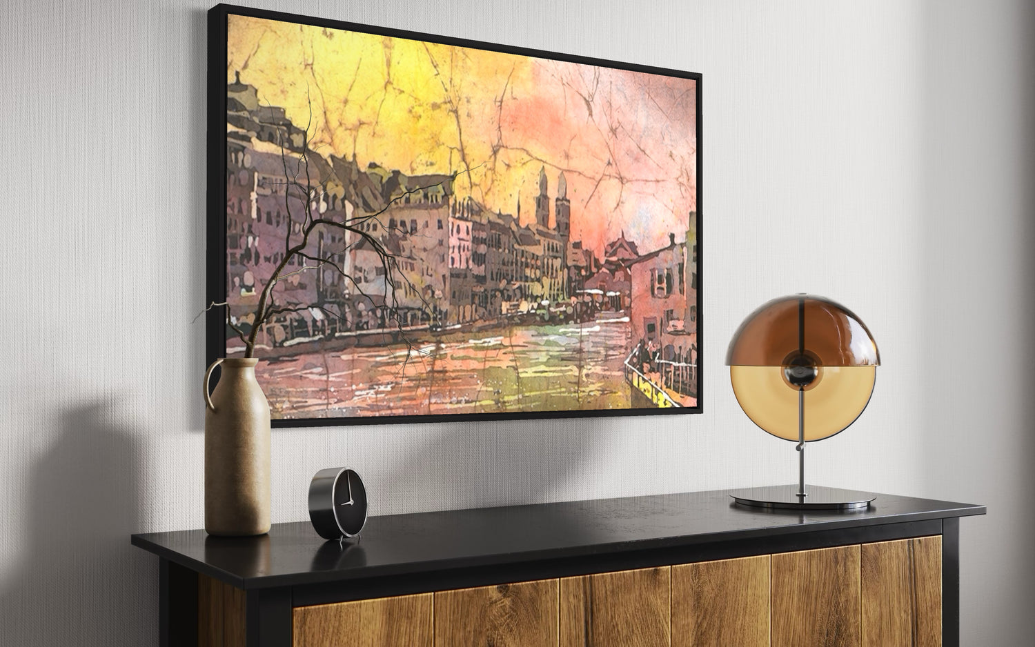 Vibrant Zurich Switzerland watercolor painting with glowing evening sky and church towers—perfect Swiss artwork for living room or office walls, a travel-inspired gift idea