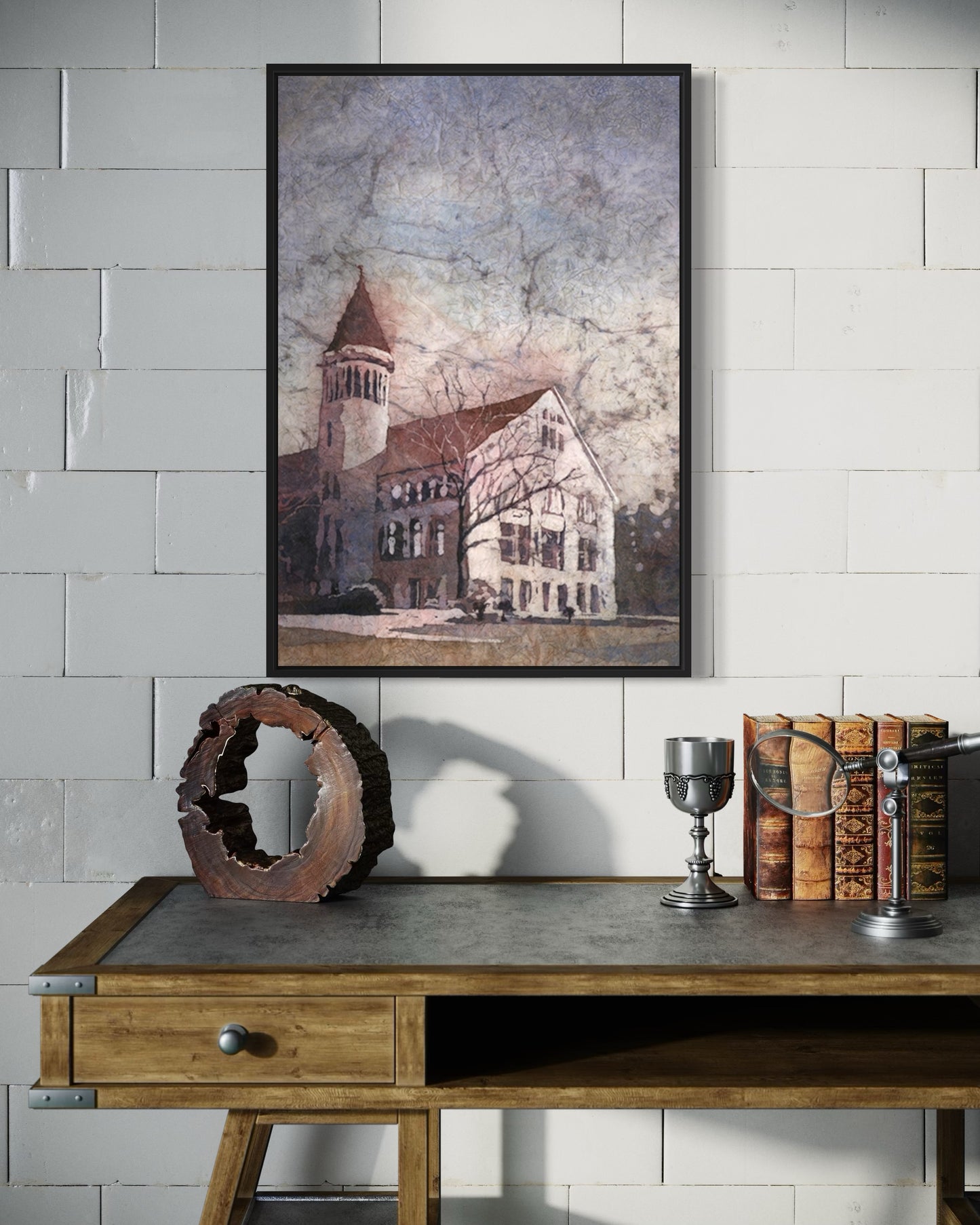 Detailed watercolor landscape of Ohio State’s Orton Hall, featuring clock tower and tree-lined paths—ideal handmade décor for students, graduates, or Buckeye fans.