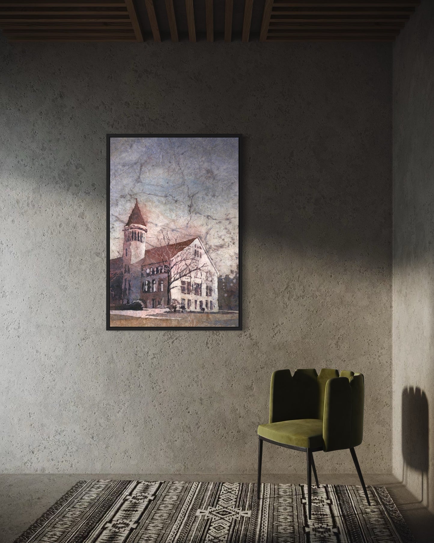 Hand-painted watercolor of Orton Hall at The Ohio State University, showcasing historic sandstone towers and lush green Oval—perfect dorm room wall art or meaningful gift for her or him.