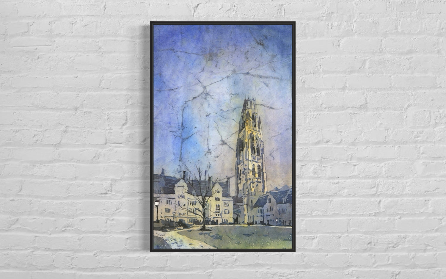 Architectural fine art painting of Harkness Tower at Yale University, rendered in rich batik-style watercolor—unique handmade decor or thoughtful graduation gift idea.