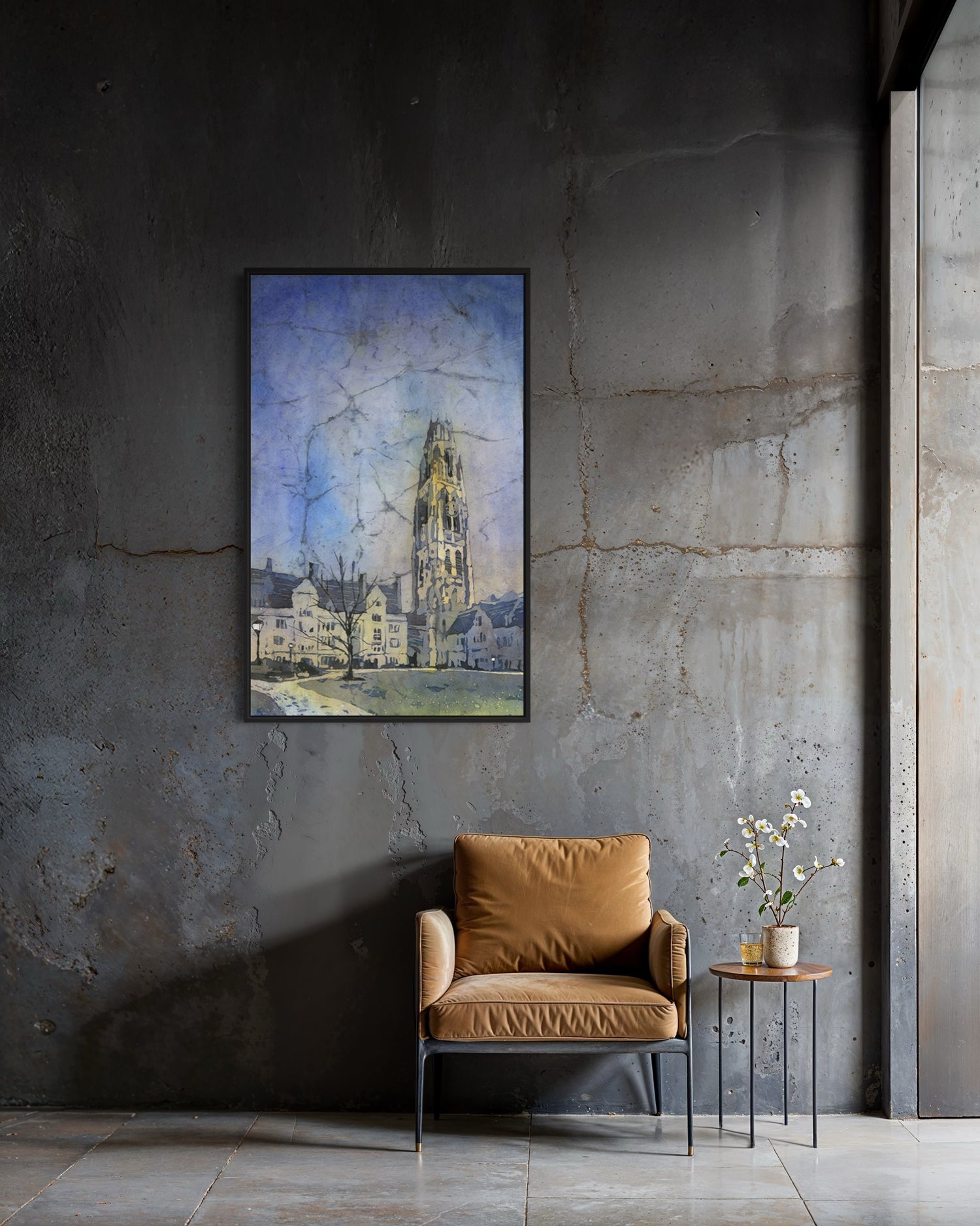 Original watercolor batik of Yale’s Harkness Tower set against a blue sky, ideal for New Haven, Connecticut art lovers and perfect for home office or study space design.