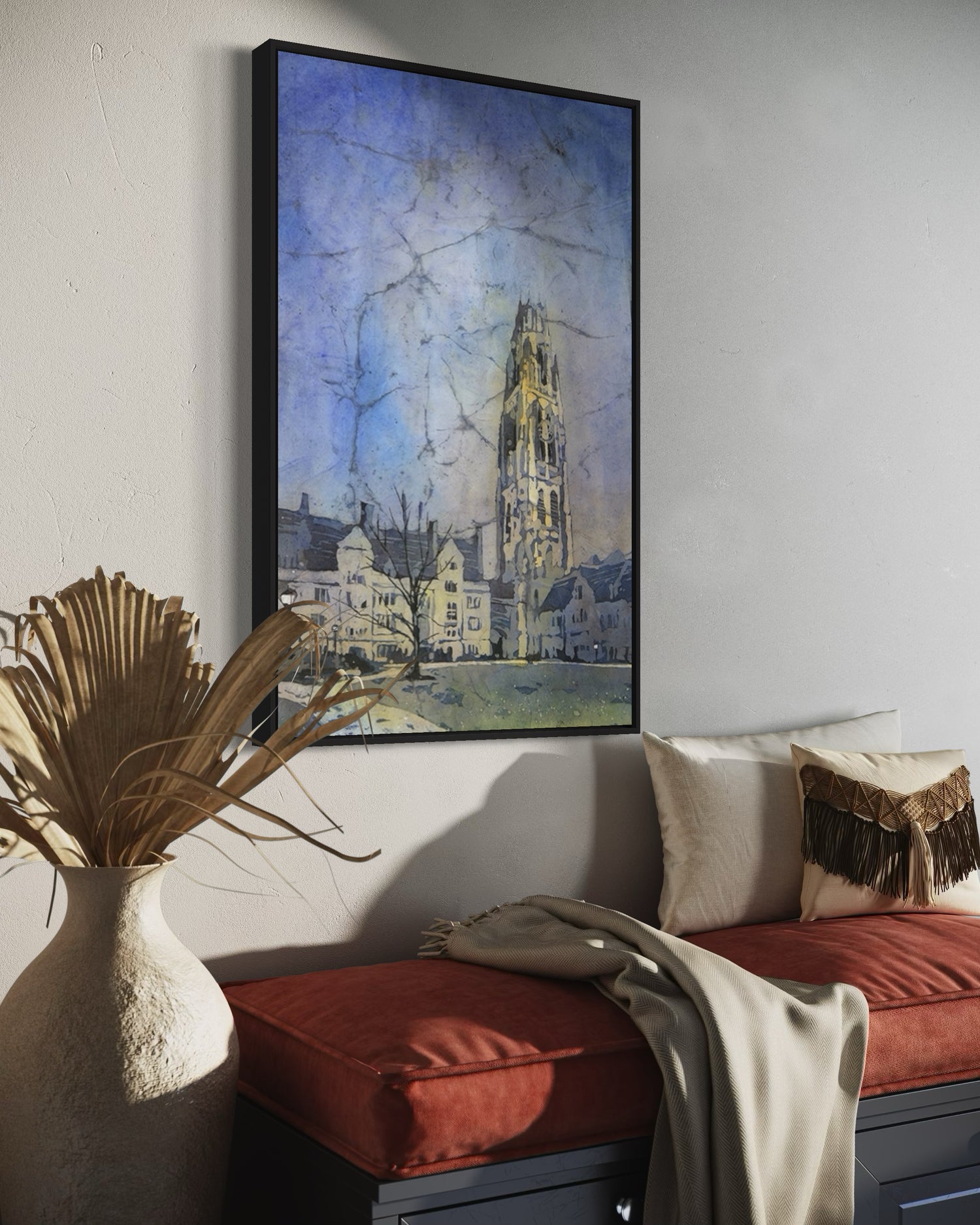 olorful landscape watercolor of Yale's iconic Harkness Tower, featuring ivy-covered architecture and golden light—a timeless alumni present or travel-inspired artwork for home.