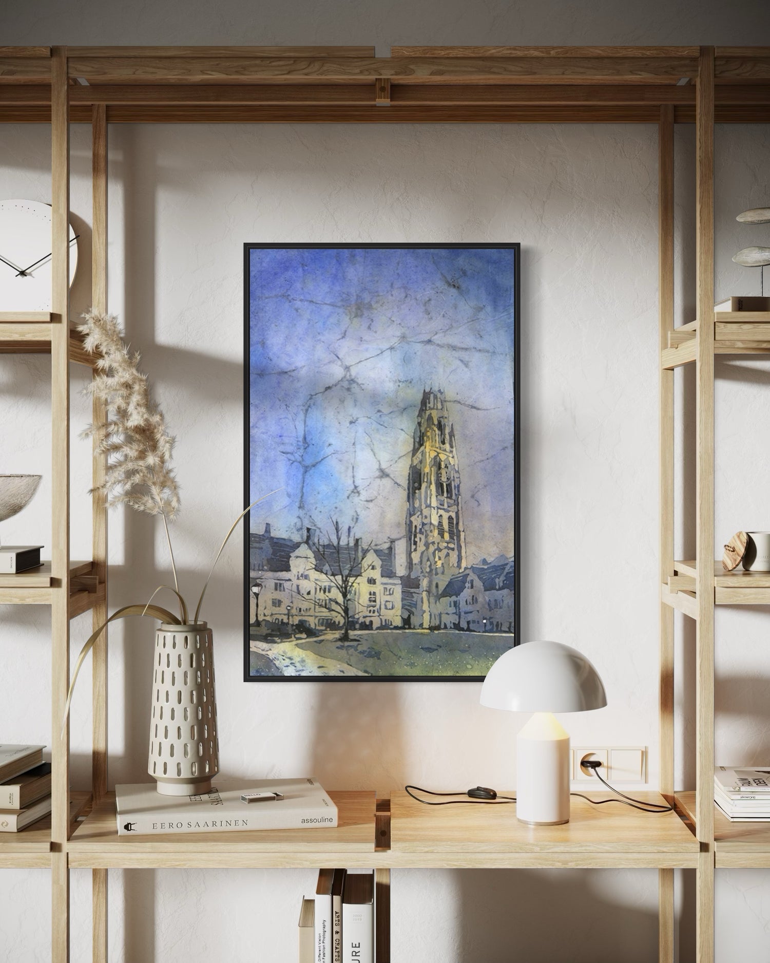 Detailed handmade watercolor of Harkness Tower at Yale, showcasing warm sunset tones and collegiate charm—perfect gift for graduates or as an elegant art piece for office or dorm interior design.
