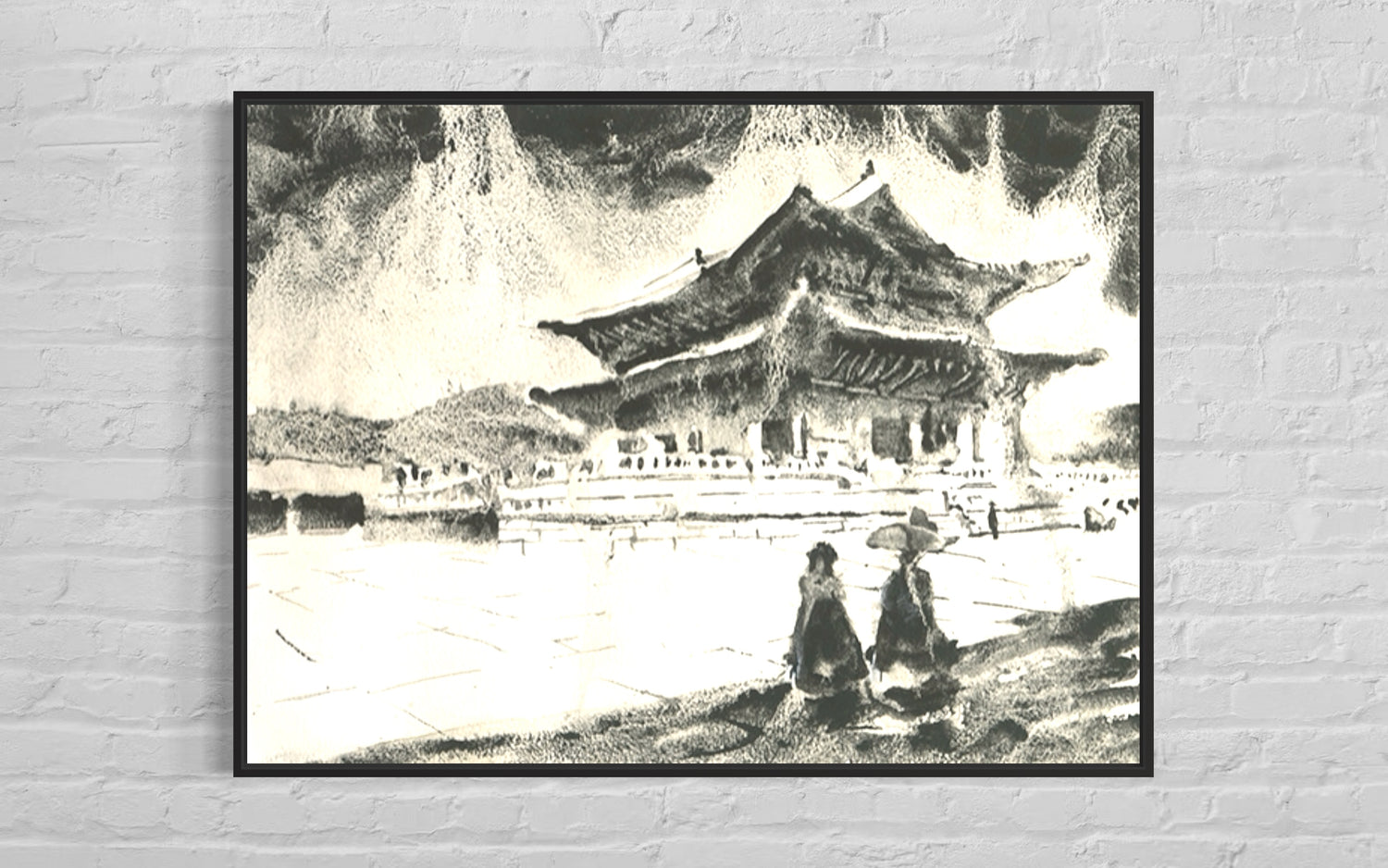 Handmade Korean landscape watercolor of Gyeongbokgung Palace in Seoul, delicately painted in grayscale tones, offering a minimalist art piece for modern interior design or travel-inspired gift