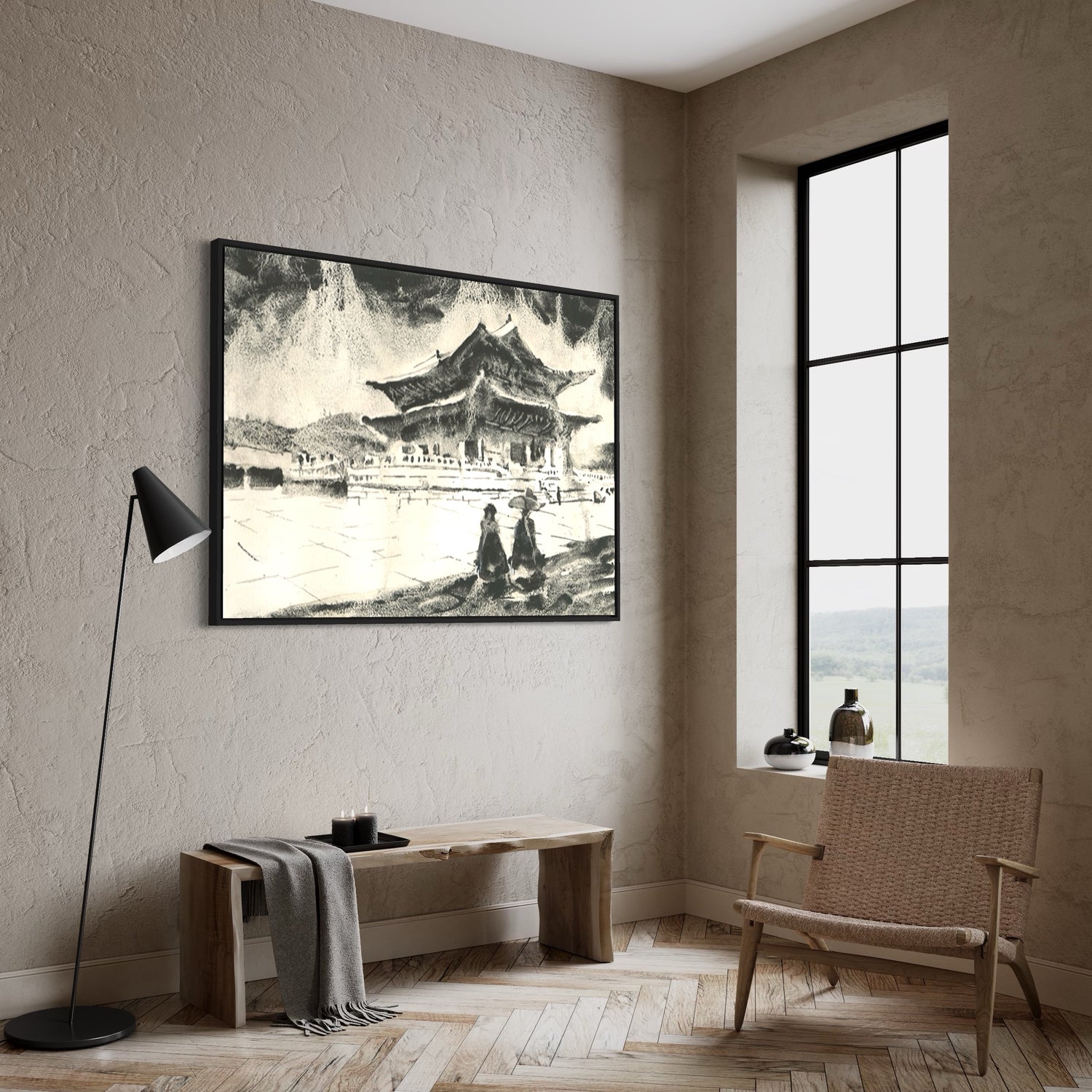 Detailed watercolor artwork of Gyeongbokgung Palace surrounded by tranquil courtyards and tiled roofs, set in Seoul’s vibrant cityscape—an ideal gift for travelers, Korean culture fans, or home decor collectors