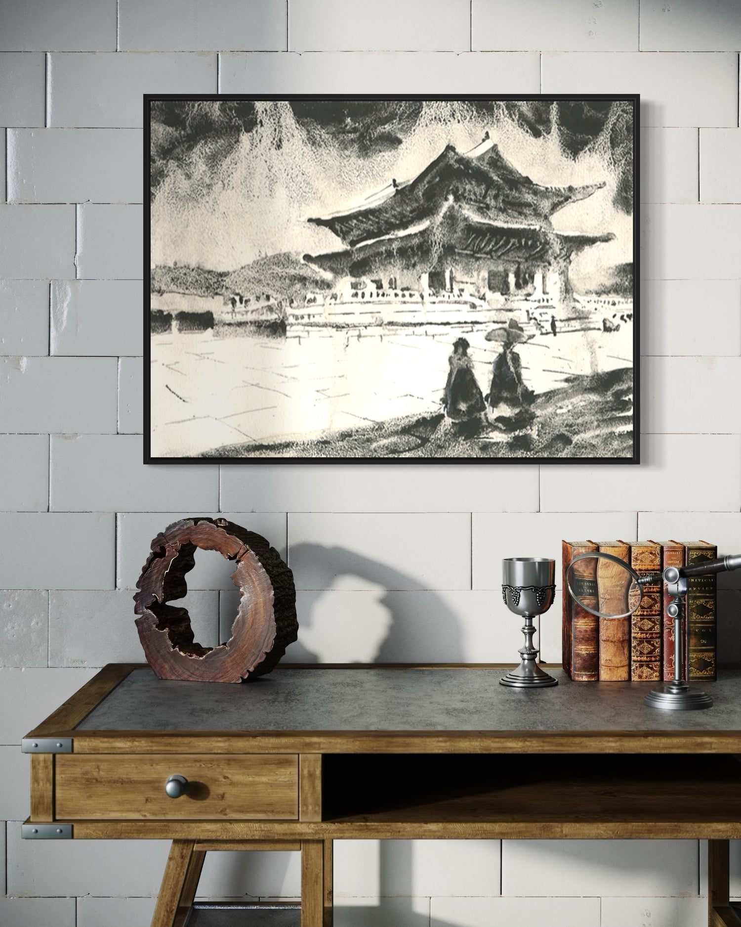 Original hand-painted monochrome scene of Gyeongbokgung Palace in Korea, celebrating traditional Korean heritage—an elegant wall art choice for cultural home decor or travel essentials collection
