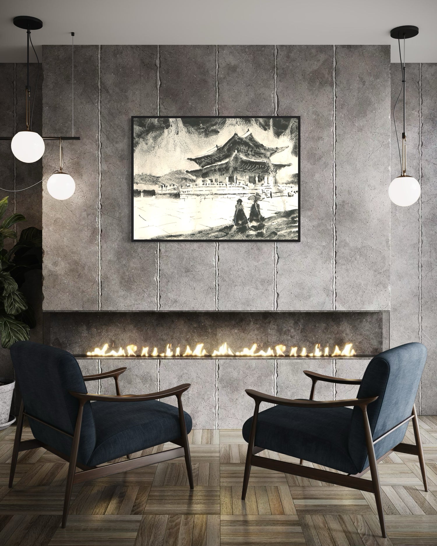 Elegant black-and-white watercolor painting of Seoul’s historic Gyeongbokgung Palace, showcasing intricate Asian architecture—perfect fine art for home or office wall design inspired by Korean travel.