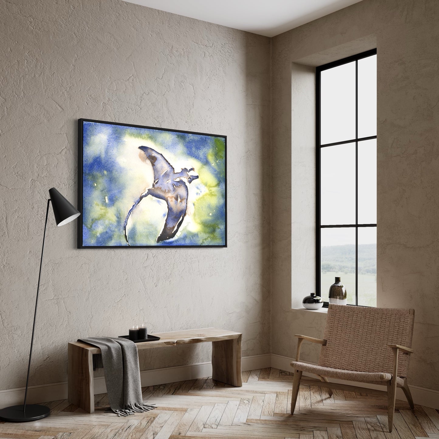 Elegant watercolor artwork of a manta ray swimming through the ocean, showcasing vivid blue hues—perfect for creating a serene atmosphere in your home, office, or beach house.