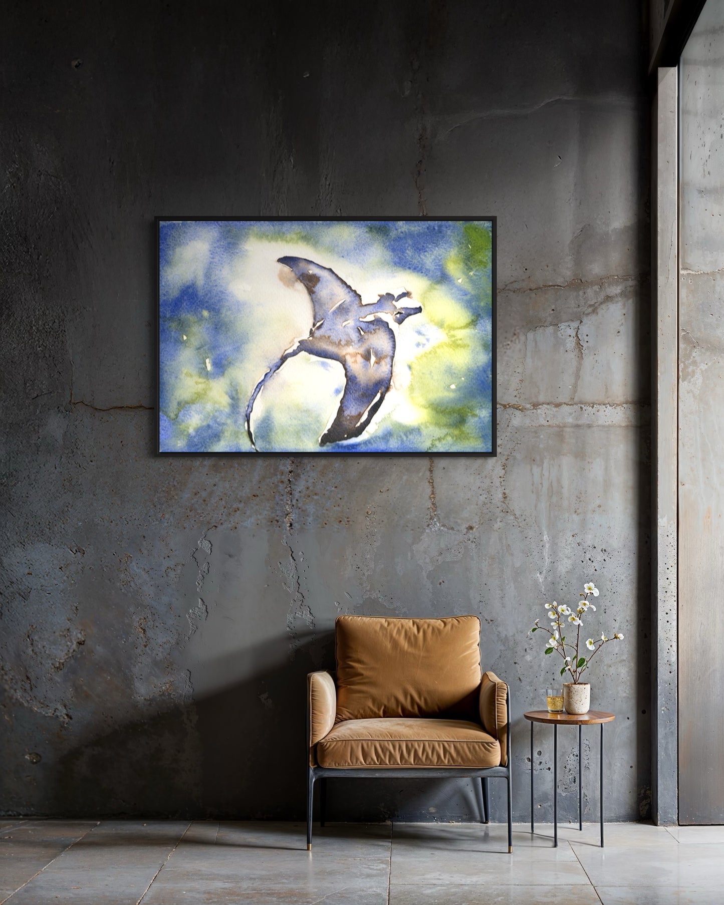 Stunning watercolor painting of a manta ray gliding through the ocean, ideal for bringing calming blue tones to your home or office as part of coastal or travel decor