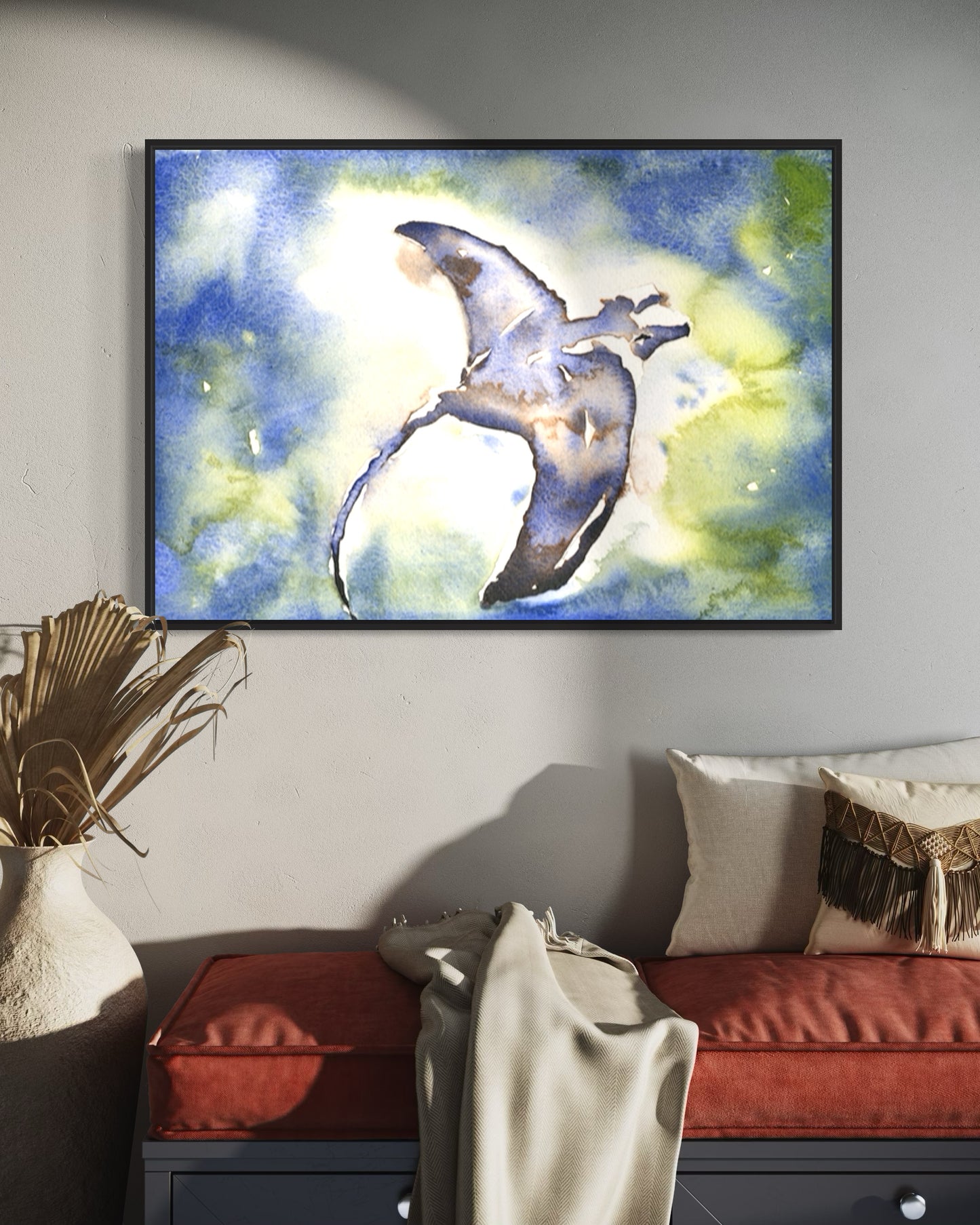 Handmade watercolor painting of a manta ray swimming in clear blue waters—perfect gift for ocean lovers or as a unique addition to your beach-inspired home decor