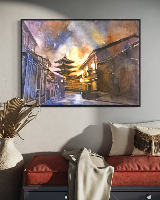 Hand-painted watercolor artwork of the ancient Hōkan-ji Temple (Yasaka Pagoda) in Kyoto, featuring traditional Japanese architecture and a colorful sky—ideal travel-inspired decor for your living room or office.