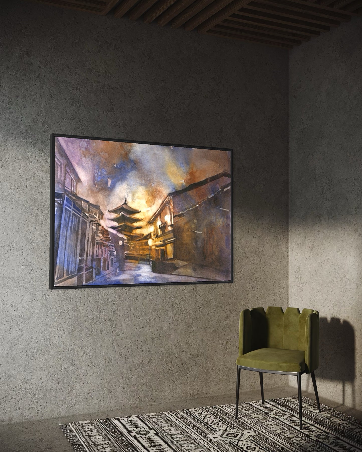 erene watercolor painting of the iconic Yasaka Pagoda in Kyoto, Japan, with vibrant colors and intricate details—perfect for adding cultural and historical flair to your interior design or as a meaningful gift.