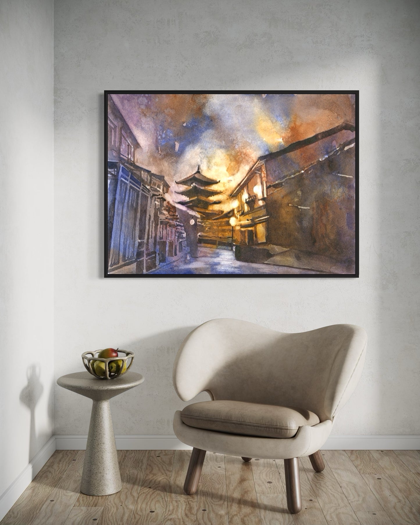 Beautiful watercolor of Hōkan-ji Temple (Yasaka Pagoda) in Kyoto, Japan—ideal art for home or office decor, featuring vivid colors and a serene scene from Japanese history