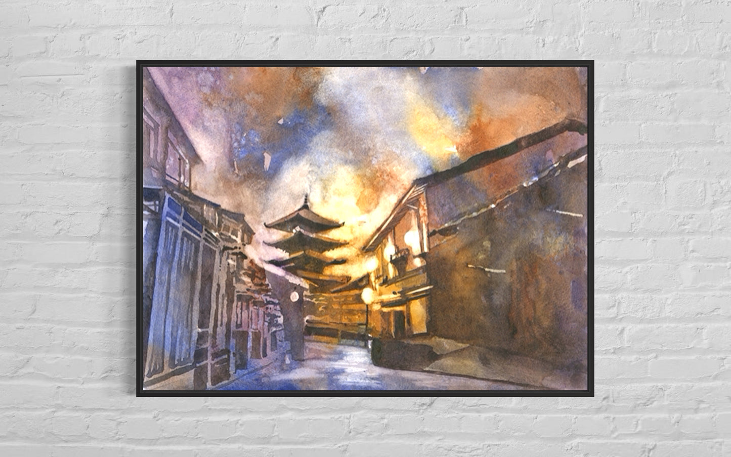 Colorful watercolor painting of the Yasaka Pagoda in Kyoto, Japan, showcasing detailed Japanese architecture and cultural heritage—perfect gift for lovers of Asian art and travel decor
