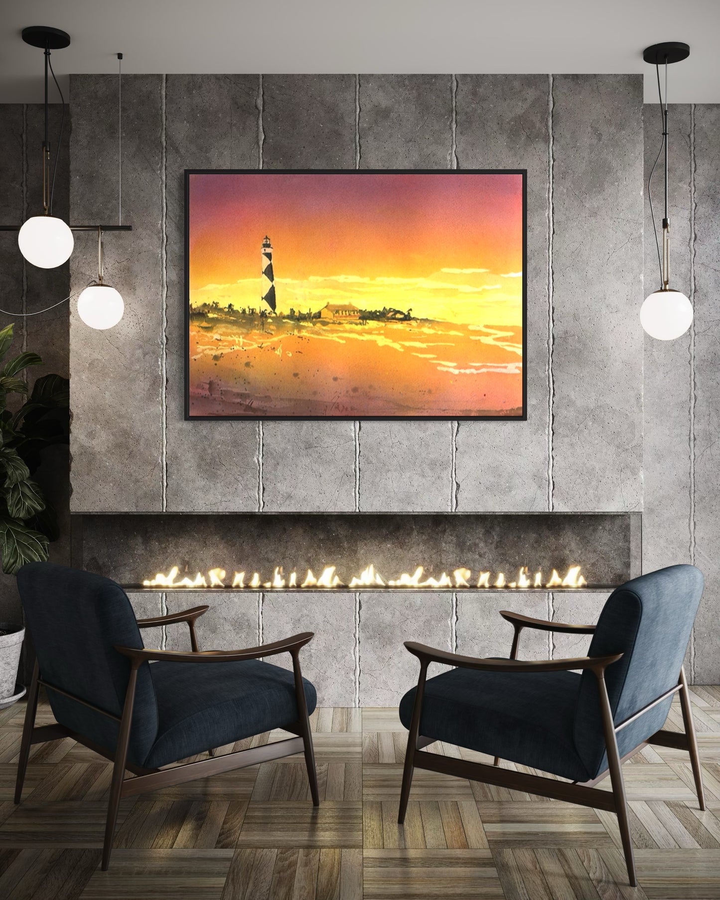 Vibrant coastal watercolor of Cape Lookout lighthouse in Outer Banks, NC—real handmade art piece, not AI-generated, perfect for nautical artwork lovers and ocean-inspired home or office decor.