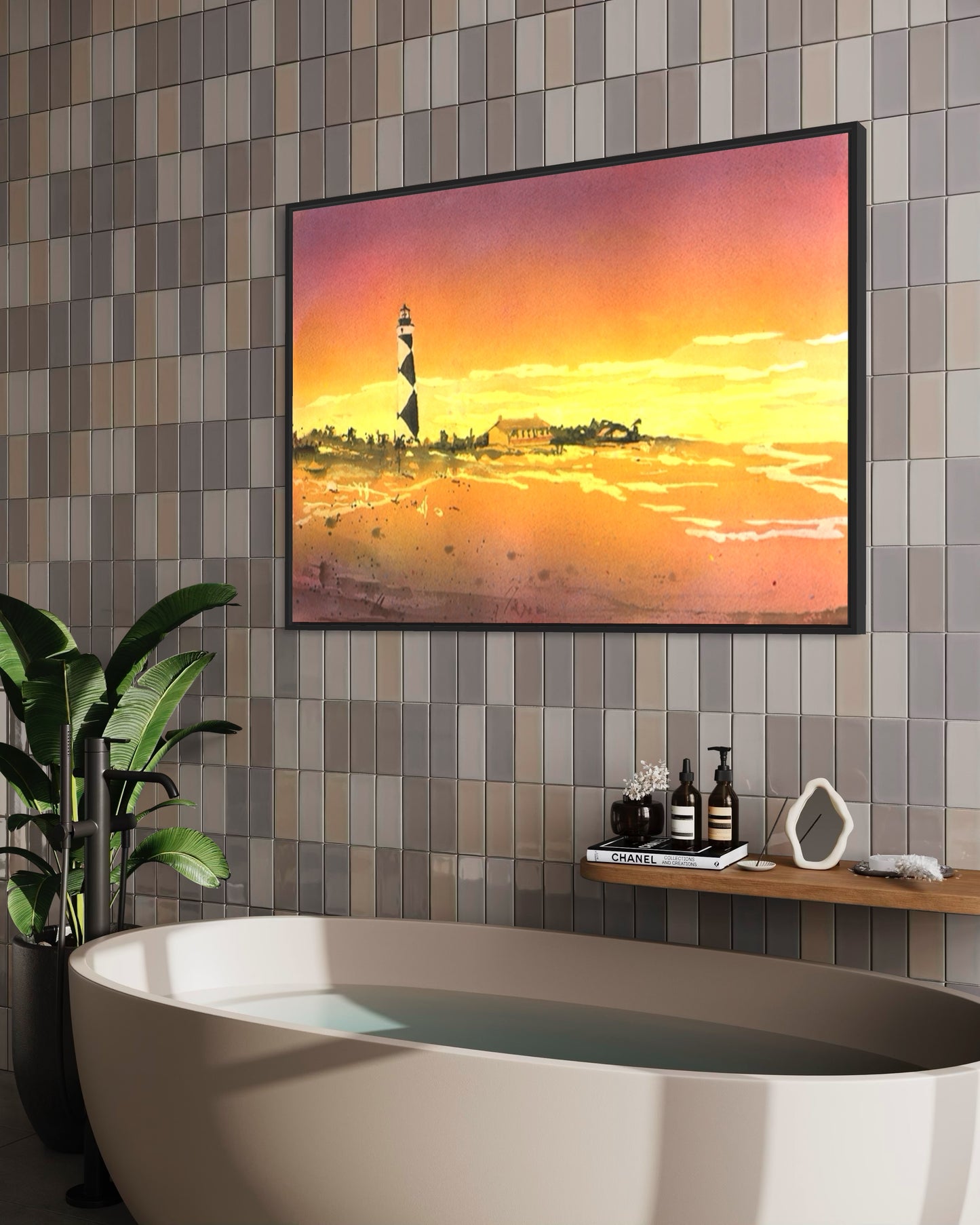 Colorful watercolor painting of Cape Lookout lighthouse at sunset, a handmade artwork ideal for coastal interior design, beach home wall decor, or a thoughtful travel gift from the Outer Banks NC.
