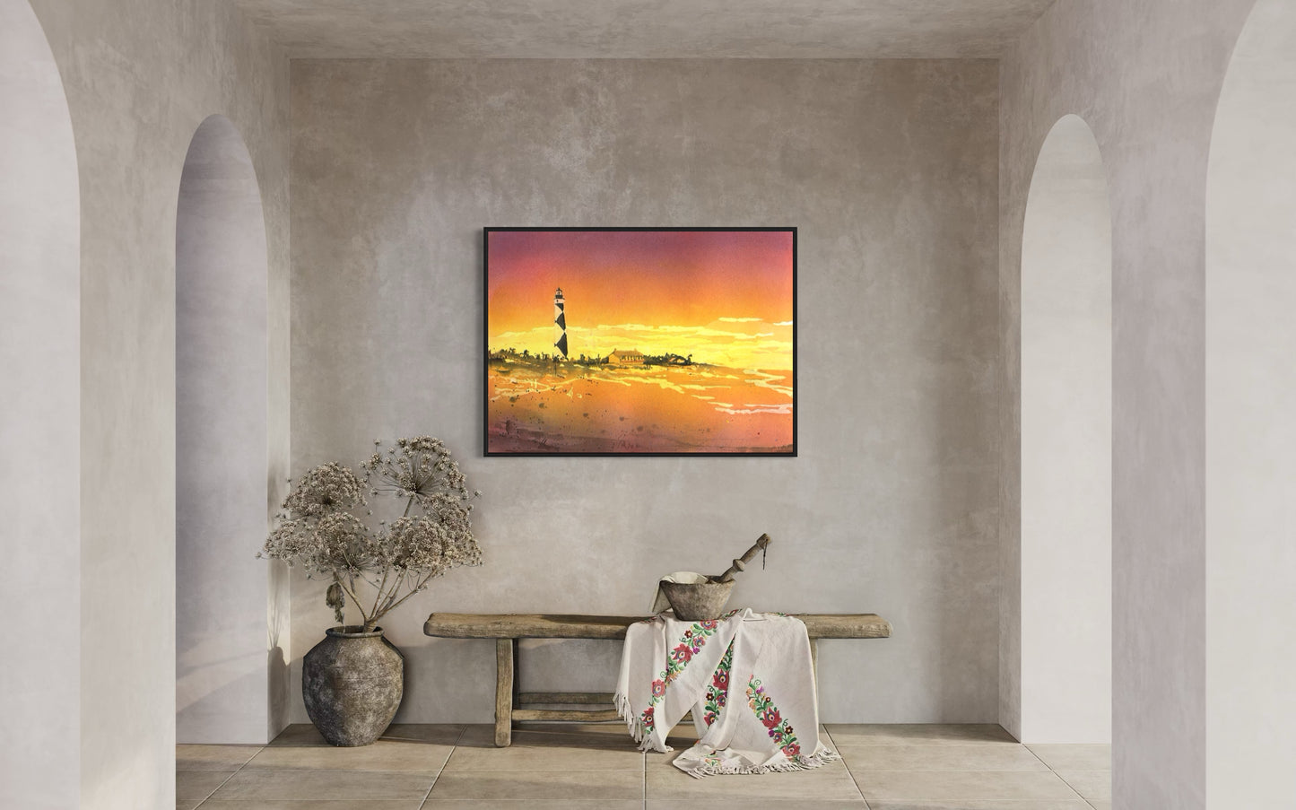 Framed or unframed beach house artwork of Cape Lookout in North Carolina, featuring detailed watercolor brushstrokes and a soft seascape palette—handmade gift for him or her with coastal charm.