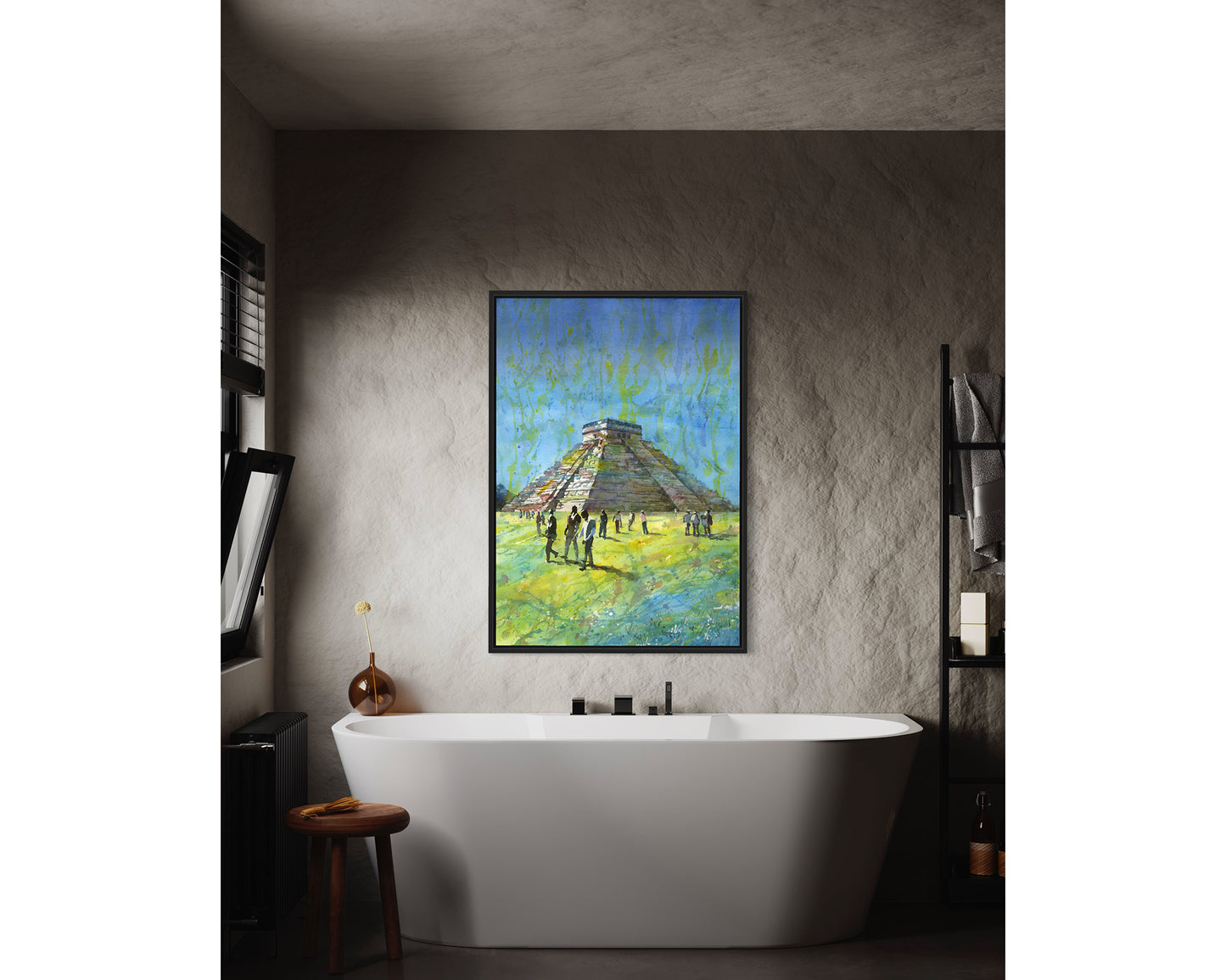 Fine art print of El Castillo at Chichen Itza in the Yucatan Peninsula, a detailed and vibrant watercolor painting ideal as a unique gift or cultural wall art.