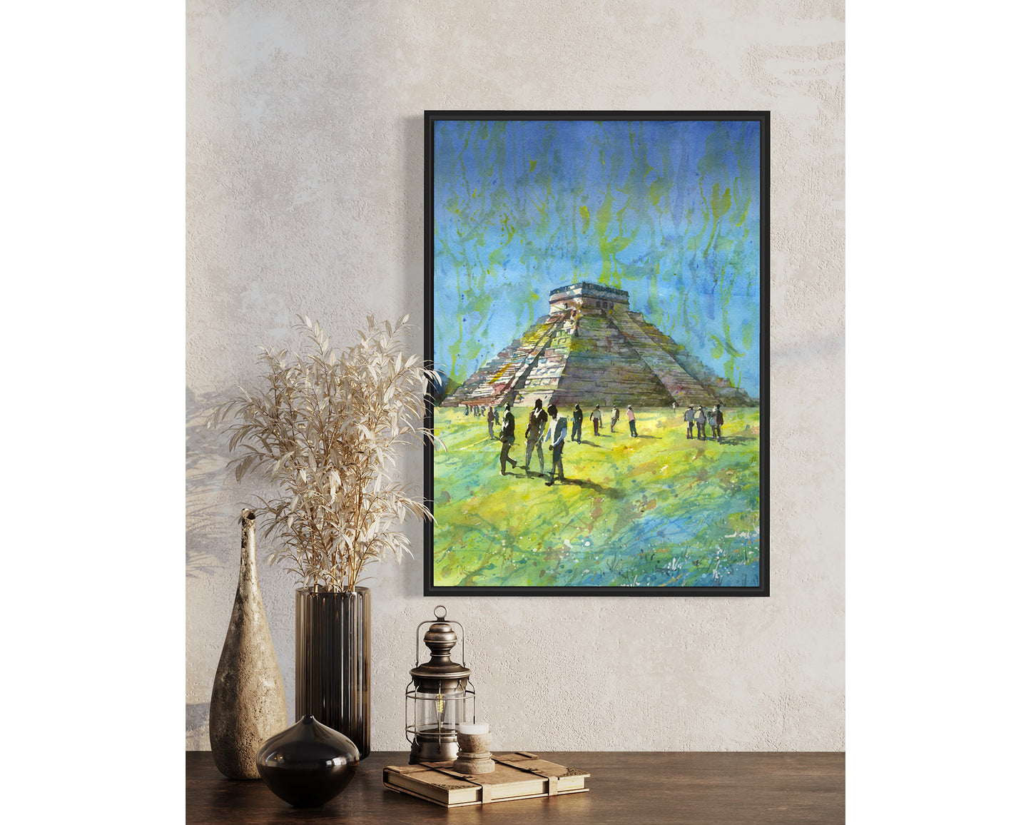 Watercolor artwork of Mayan ruins at Chichen Itza, Mexico, featuring the iconic temple pyramid under a bright blue sky—perfect for travel lovers or alumni presents.