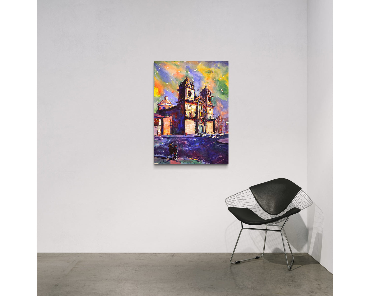 Colorful watercolor painting of the Church on Plaza de Armas in Cusco, Peru, capturing rich cultural heritage—ideal for art collectors or travel lovers decorating their space.