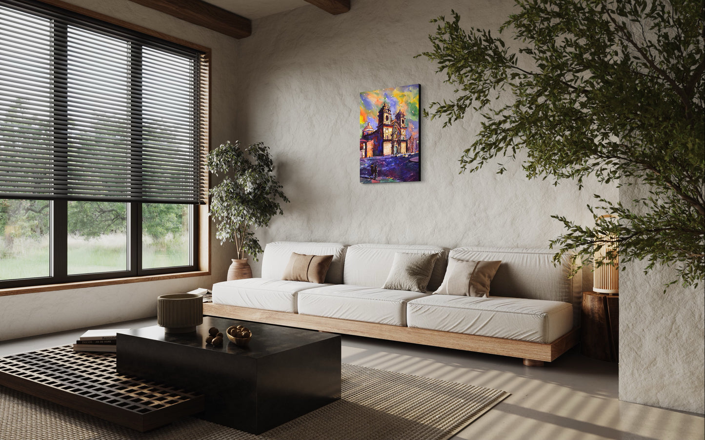 Cusco watercolor fine art (original artwork) showcasing detailed church towers and vibrant sky tones, a must-have for interior design and unique home decor themes.