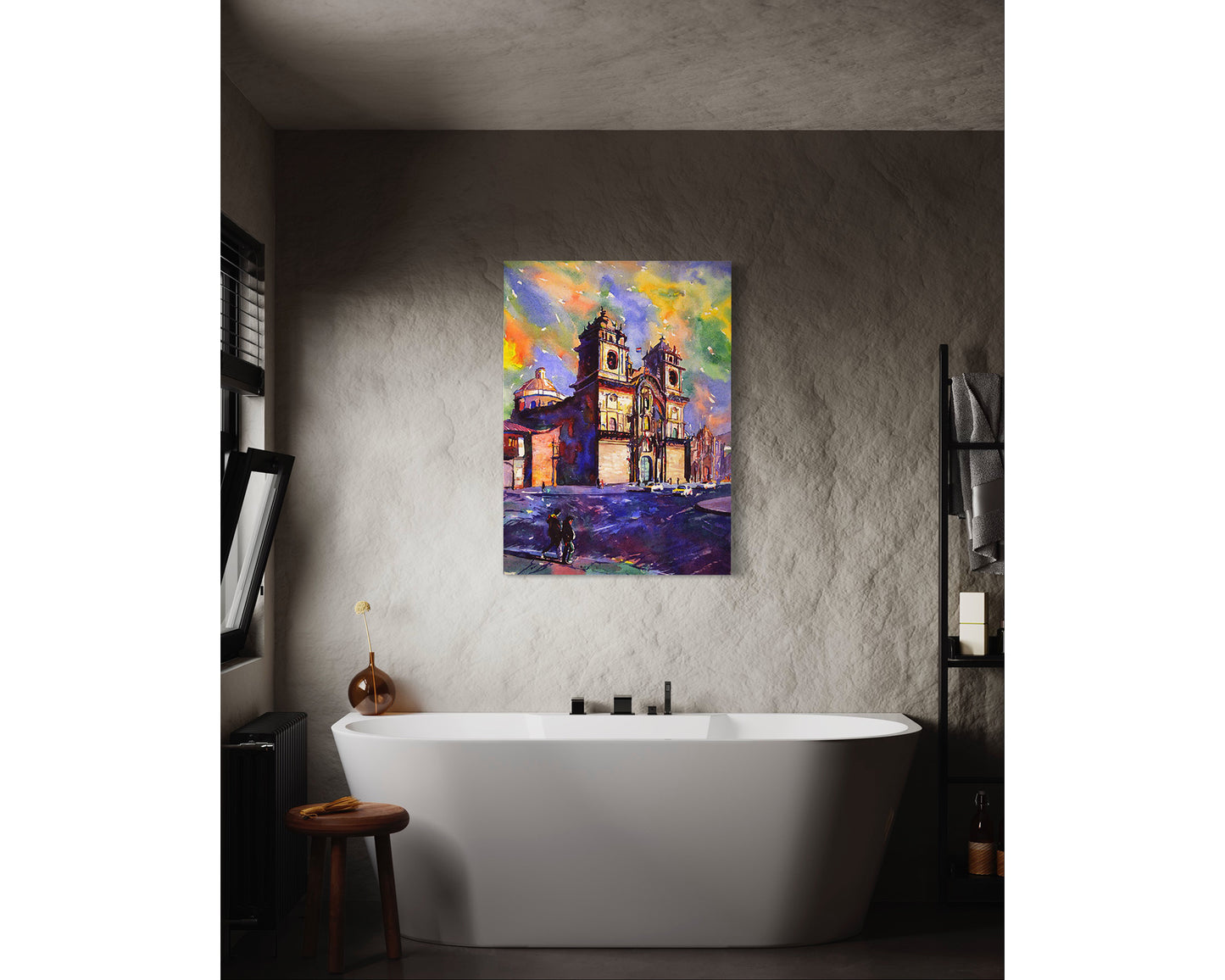 Watercolor artwork of Cusco’s iconic colonial cathedral, nestled in Plaza de Armas, ideal for global-themed office wall art or a unique gift for her.