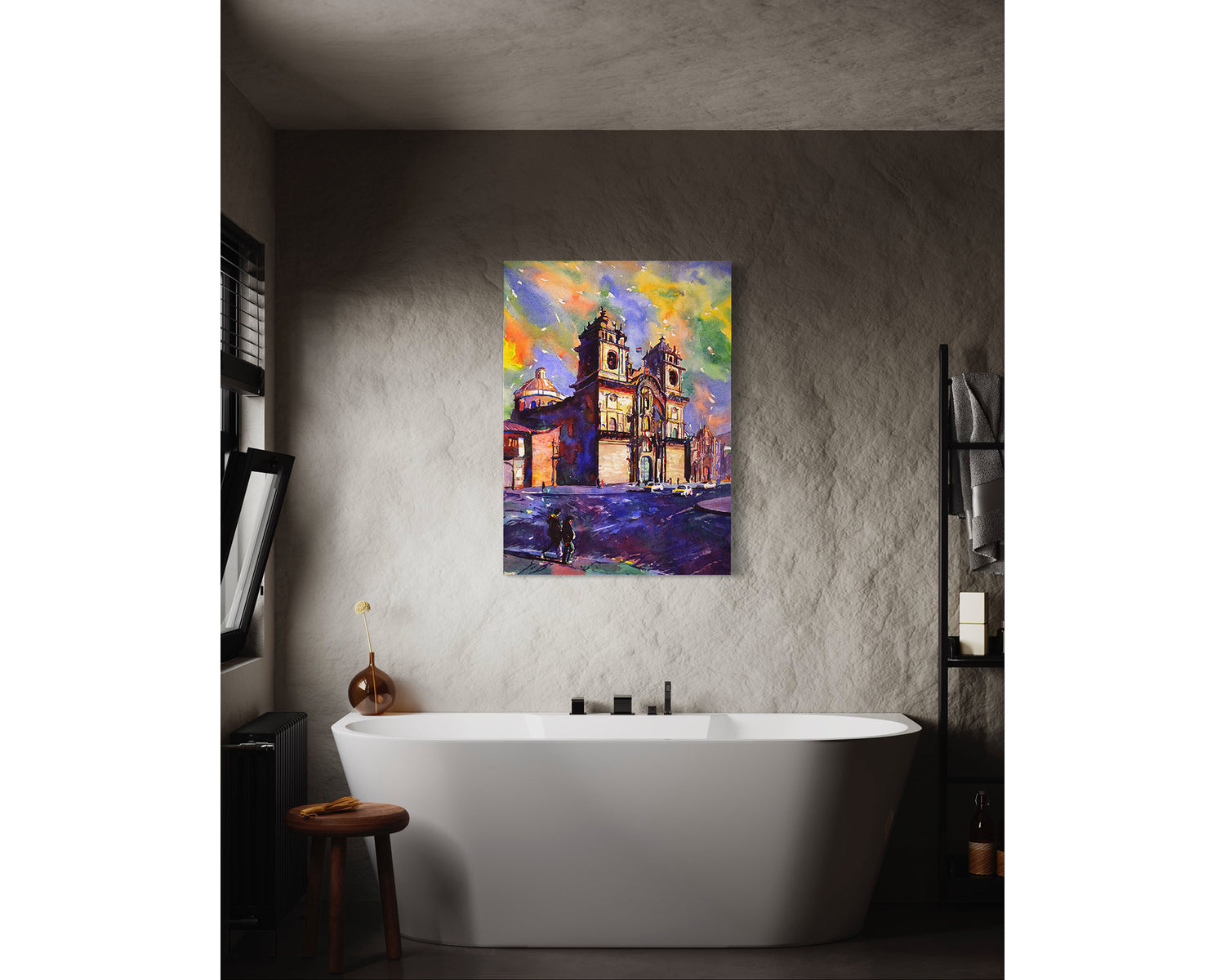 Watercolor artwork of Cusco’s iconic colonial cathedral, nestled in Plaza de Armas, ideal for global-themed office wall art or a unique gift for her.