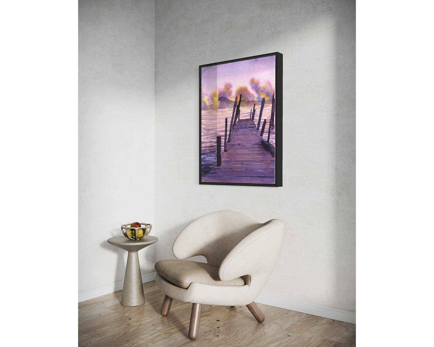 Watercolor landscape painting sunset Lake Atitlan Guatemala trendy wall art travel essentials lake boat nautical decor (print)