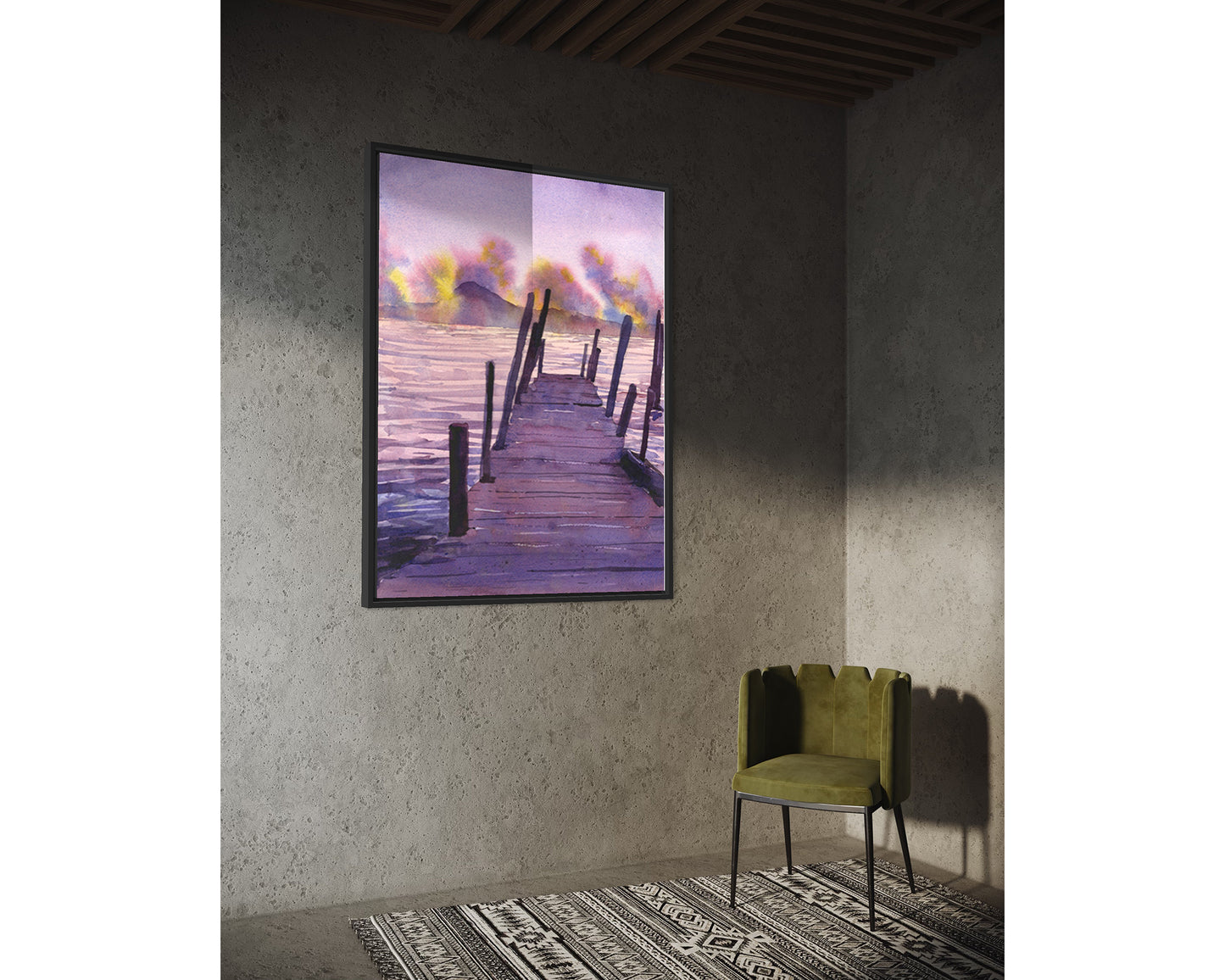 Watercolor landscape painting sunset Lake Atitlan Guatemala trendy wall art travel essentials lake boat nautical decor (print)