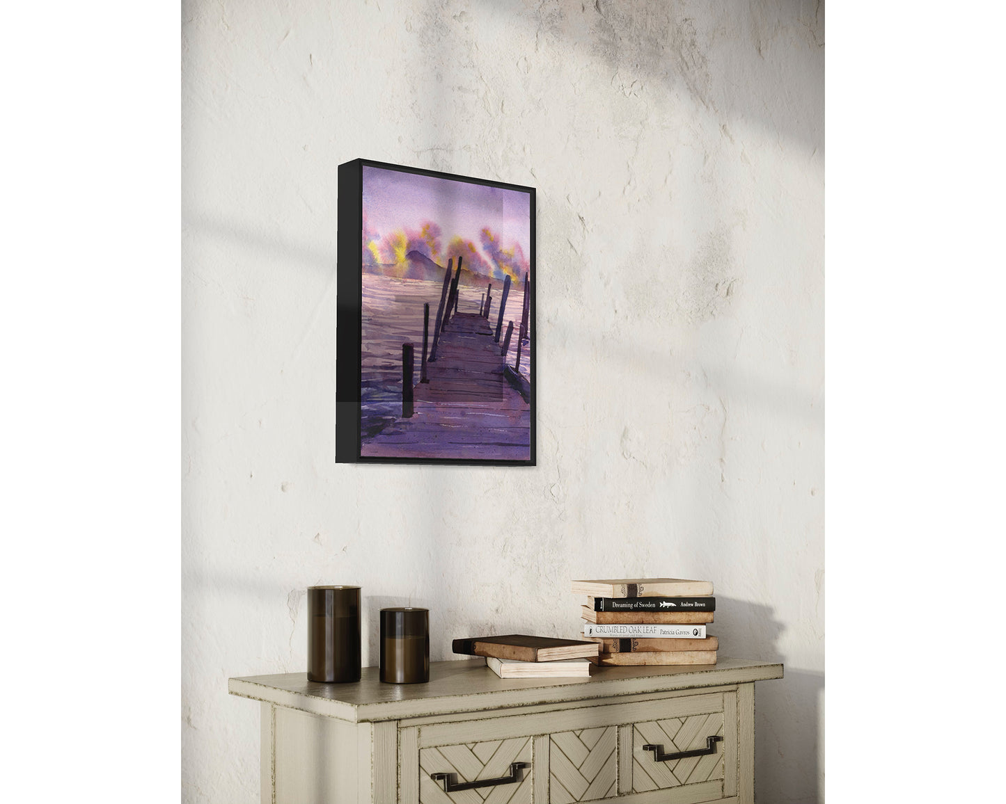 Watercolor landscape painting sunset Lake Atitlan Guatemala trendy wall art travel essentials lake boat nautical decor (print)